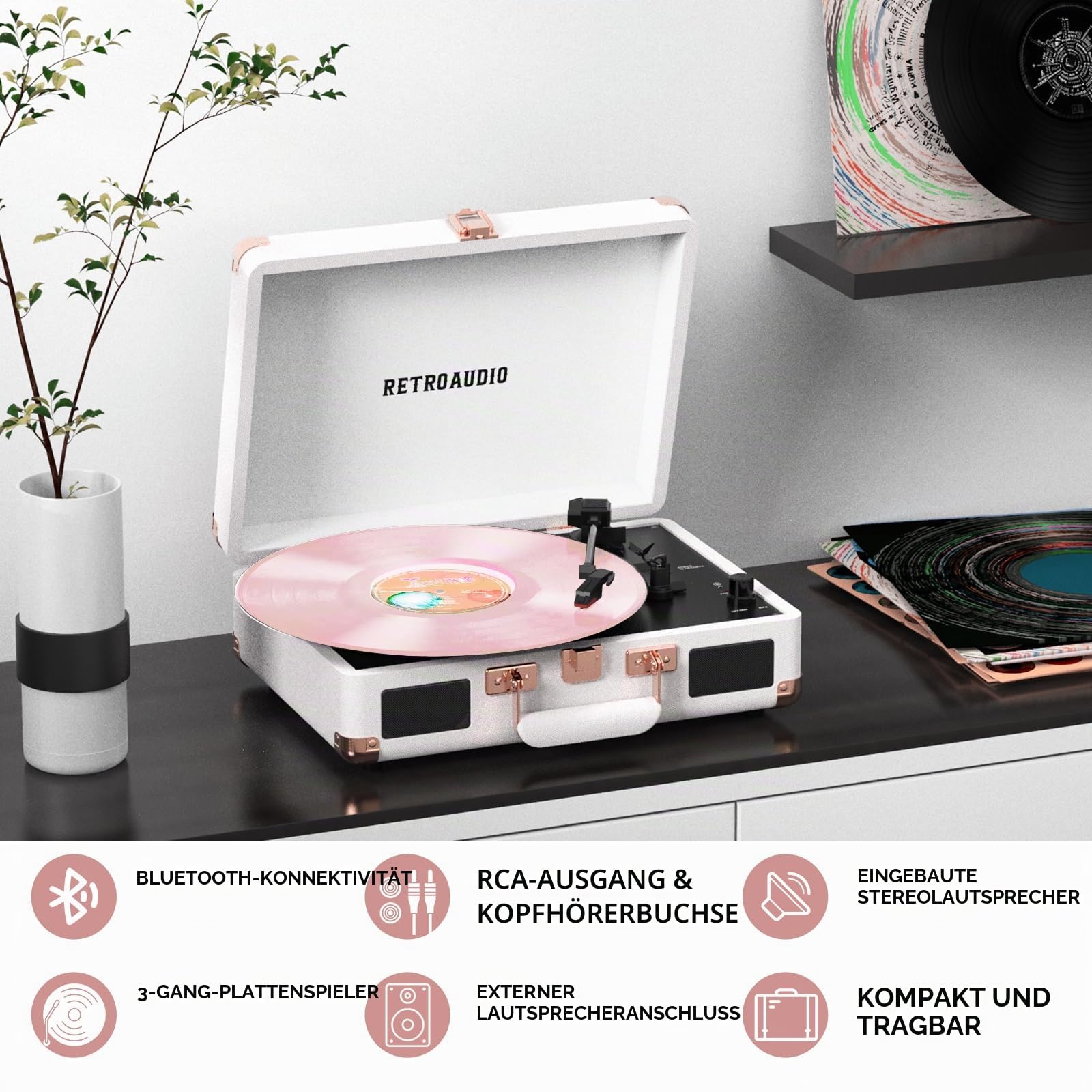 Vinyl-Plattenspieler mit eingebauten Lautsprechern, 3-Gang-Vintage-Plattenspieler, Bluetooth, tragbar, Koffer, riemengetriebener Plattenspieler, kompatibel mit RCA-Ausgang und Ausgang von