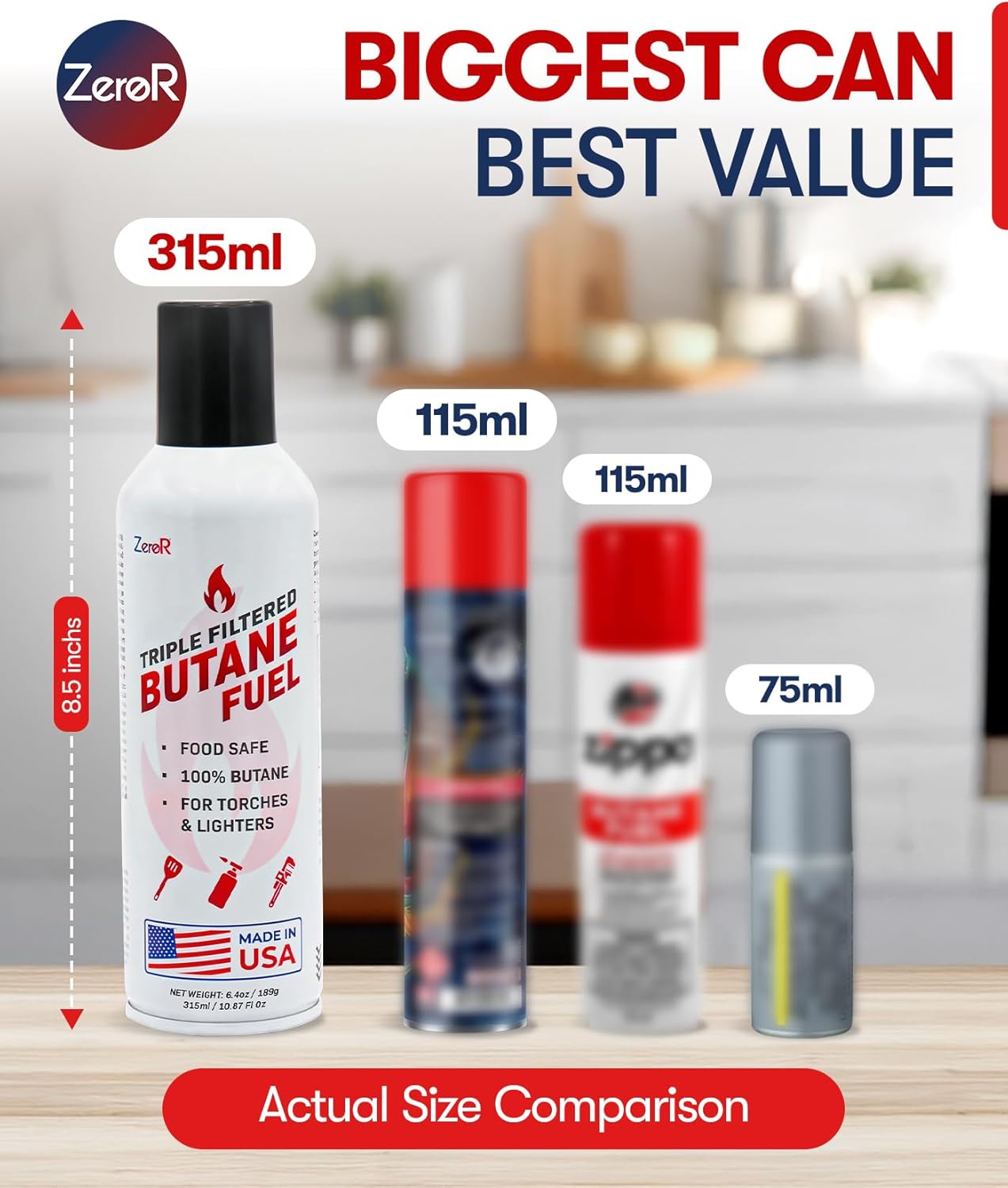 ZeroR® Butane Fuel Refill for Torch Lighters - Food-Safe & Triple-Filtered for Clean Burn - 100% Pure, Iso-Butane Refill for Torches, Kitchen & Refillable Lighters - 10.67 fl oz (315ml), 3 Cans