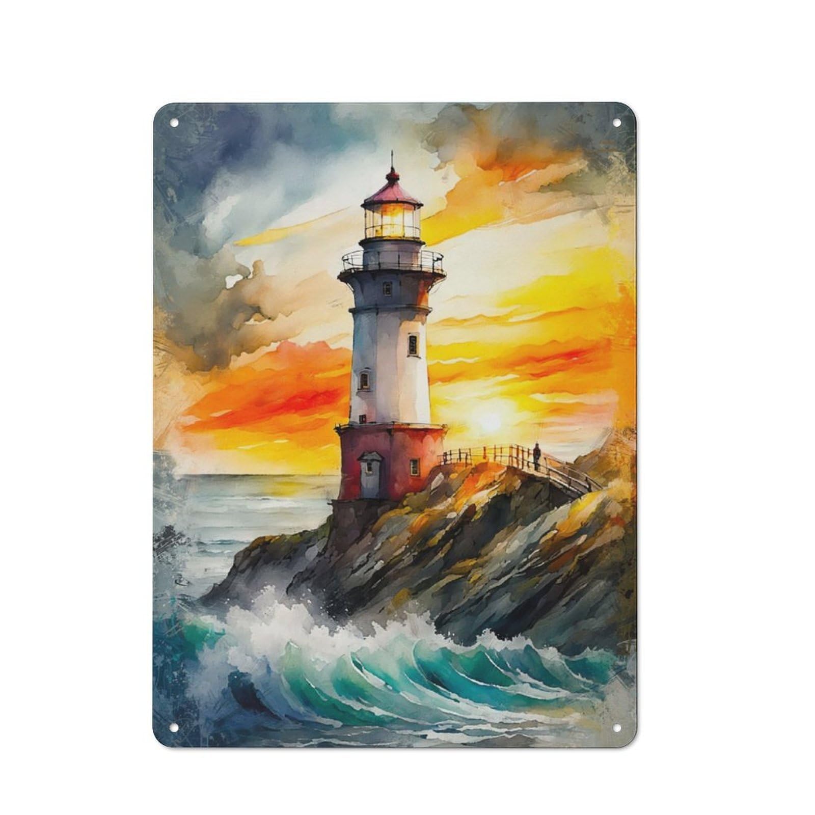 Junmoney The Lighthouse At Sunset Retro Tin Wall Plaque 40X30cm For Studio Or Craft Room, Winter Wall Decor For Creative-Space Collectors