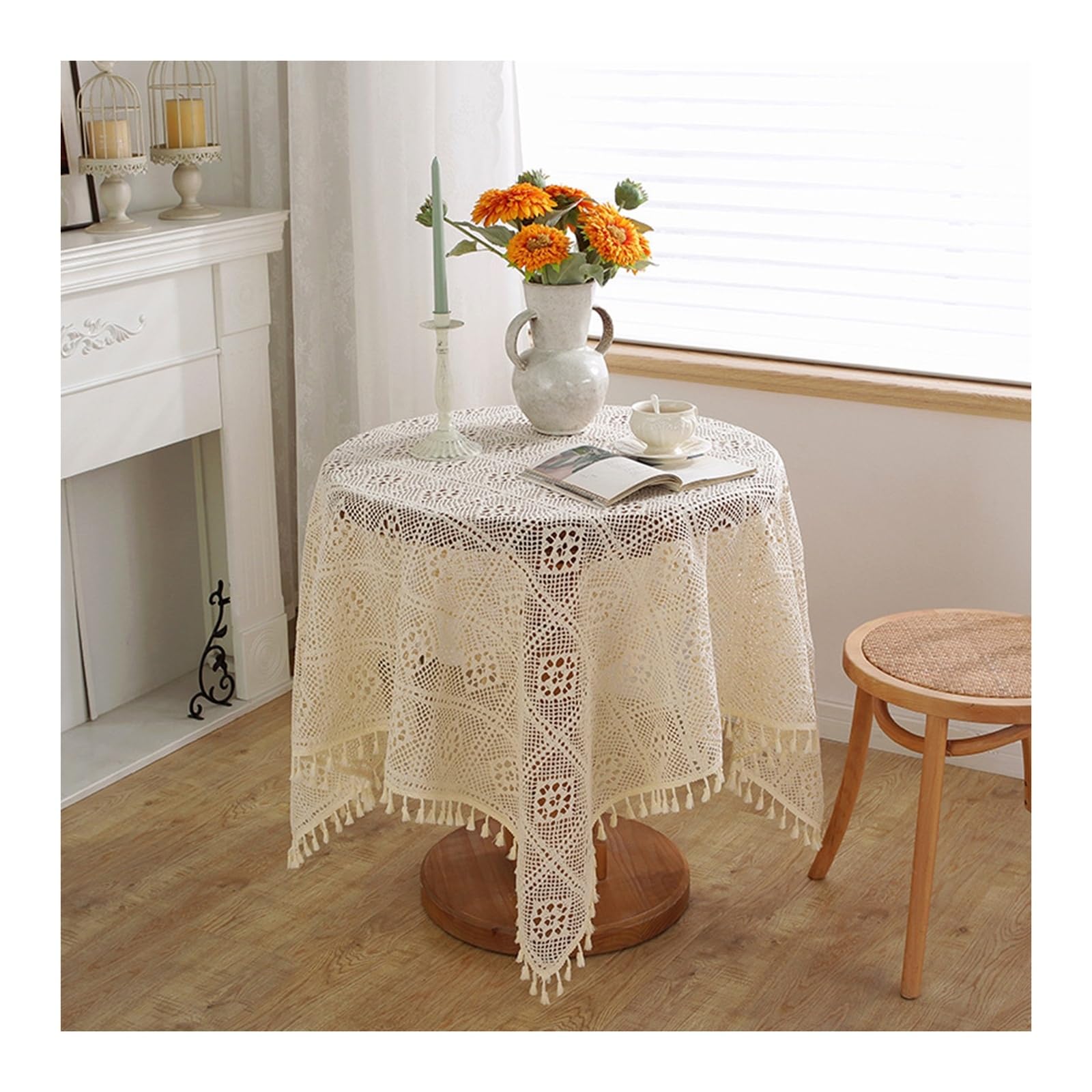 Nappe de table anti tache ronde beige en coton tricot ajouré lavable 150cm