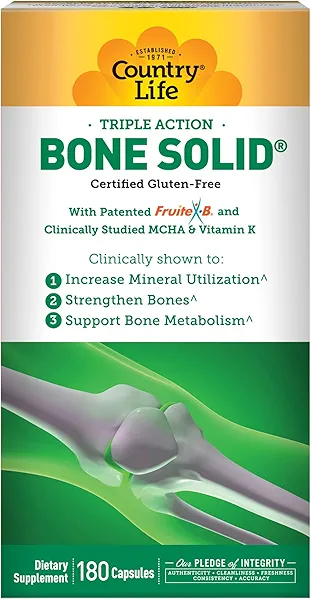 Country Life Bone Solid - Bone Health Supplement with Microcrystalline Hydroxyapatite (MCHA), Calcium, Magnesium, Zinc, Vitamins K2 & D3 for Enhanced Bone Strength & Metabolism - 180 Capsules