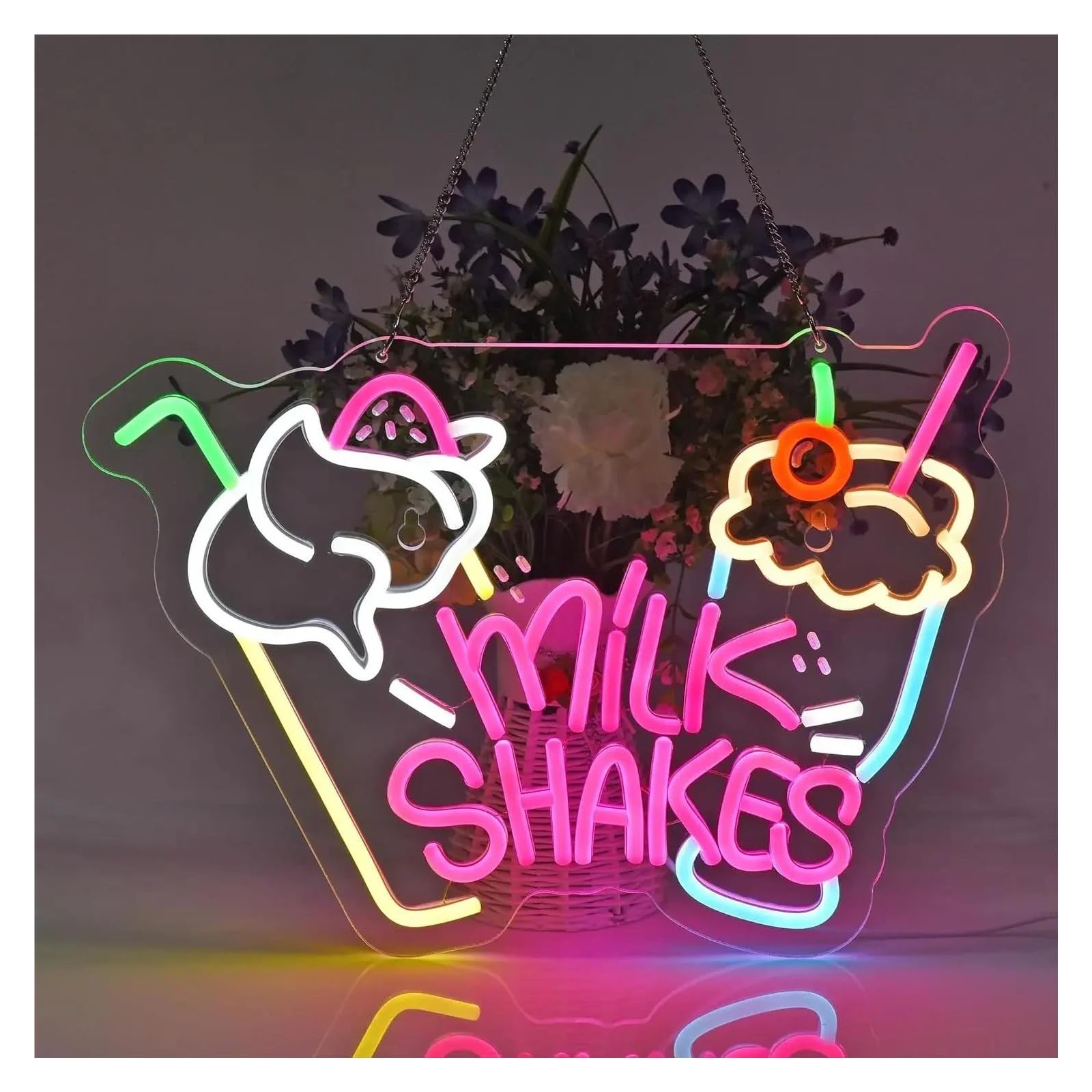 Insegna al Neon Insegna Al Neon Milk Shakes, Luci Al Neon, Decorazione Murale Per Negozio Di Cibo, Bevande, Gelateria, Yogurteria, Negozio Di Bubble Tea,38x27.8cm
