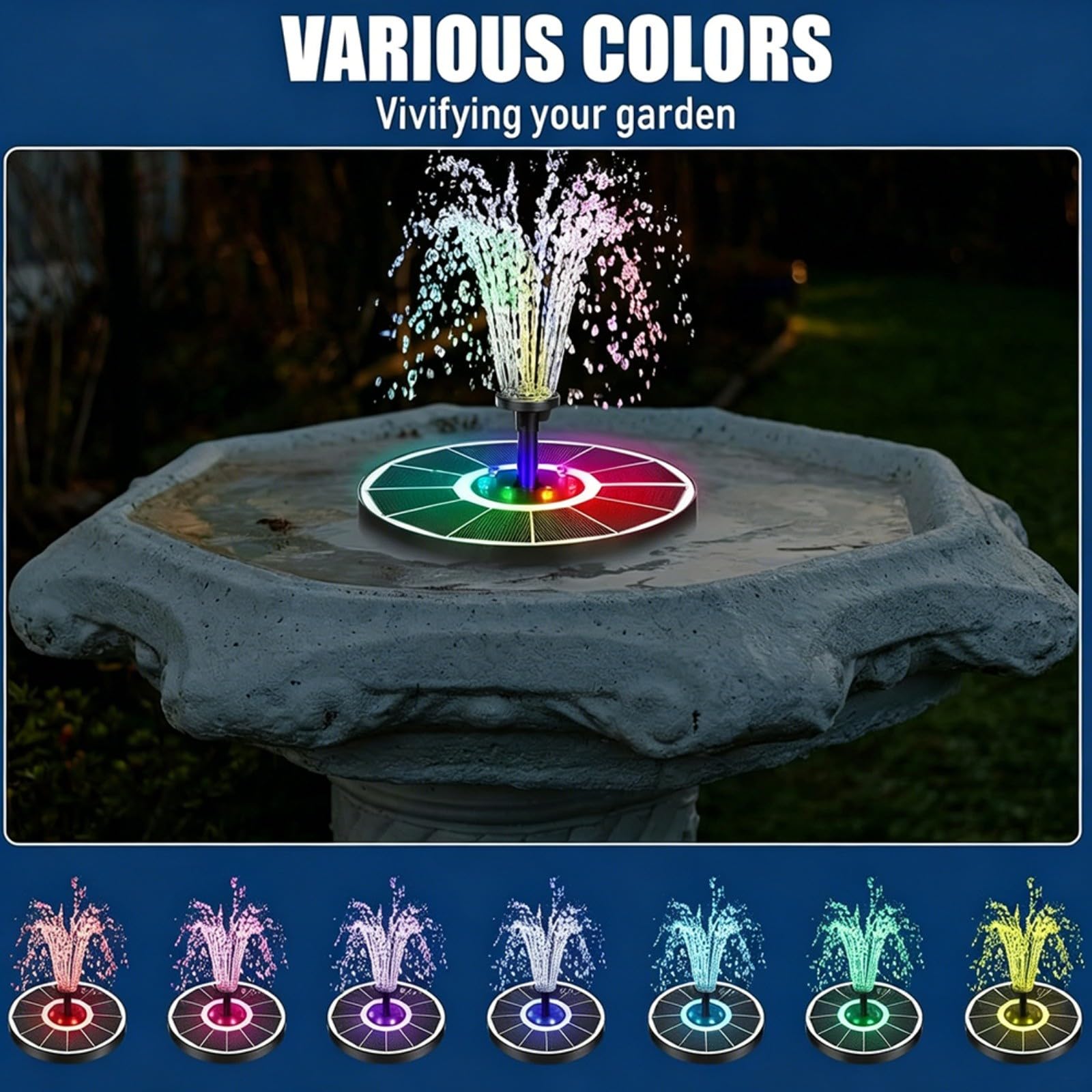 Fontana galleggiante solare per esterni con 8 luci LED RGB, 3 ugelli e flusso d'acqua personalizzabile per giardino o patio (ugello trasparente)
