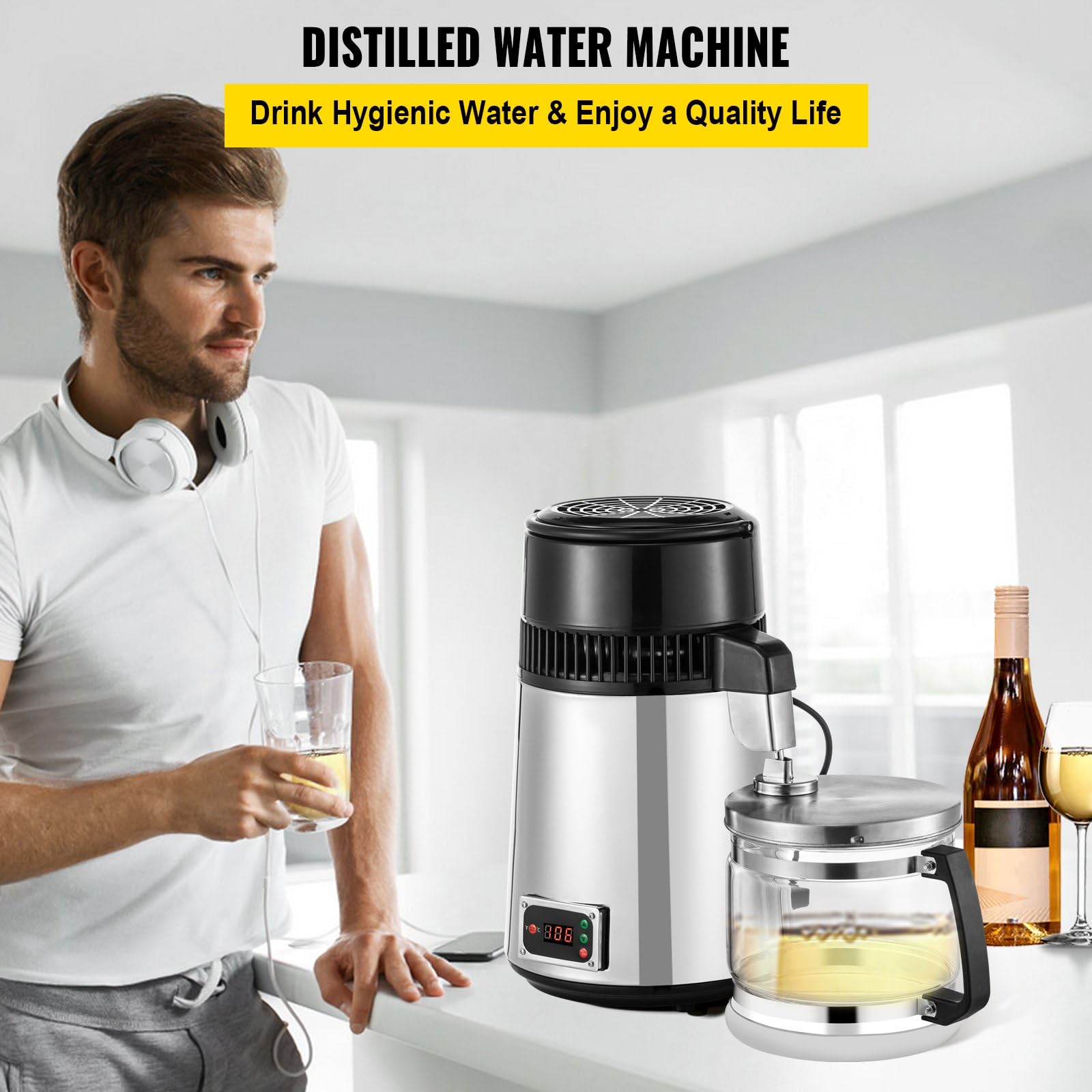 Máquina de Agua Destilada 4L 750W 1L/H, Destilador de Agua Potable para Laboratorios y Hospitales