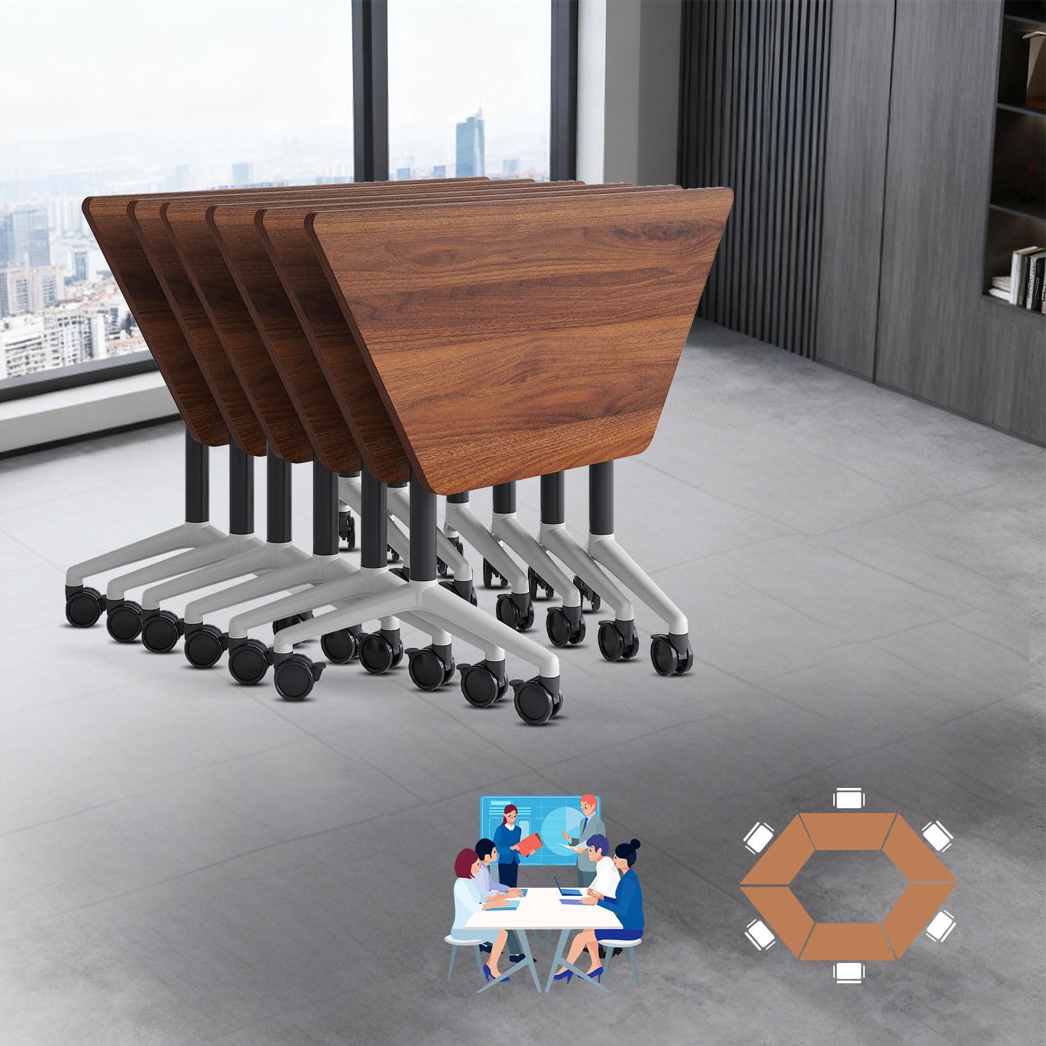Folding Walnut Trapezoid Conference Tables,47.2" Modern Modular Conference Room Tablesfor 10 People,Mobile Training Table with Wheels,Flip Top Rolling