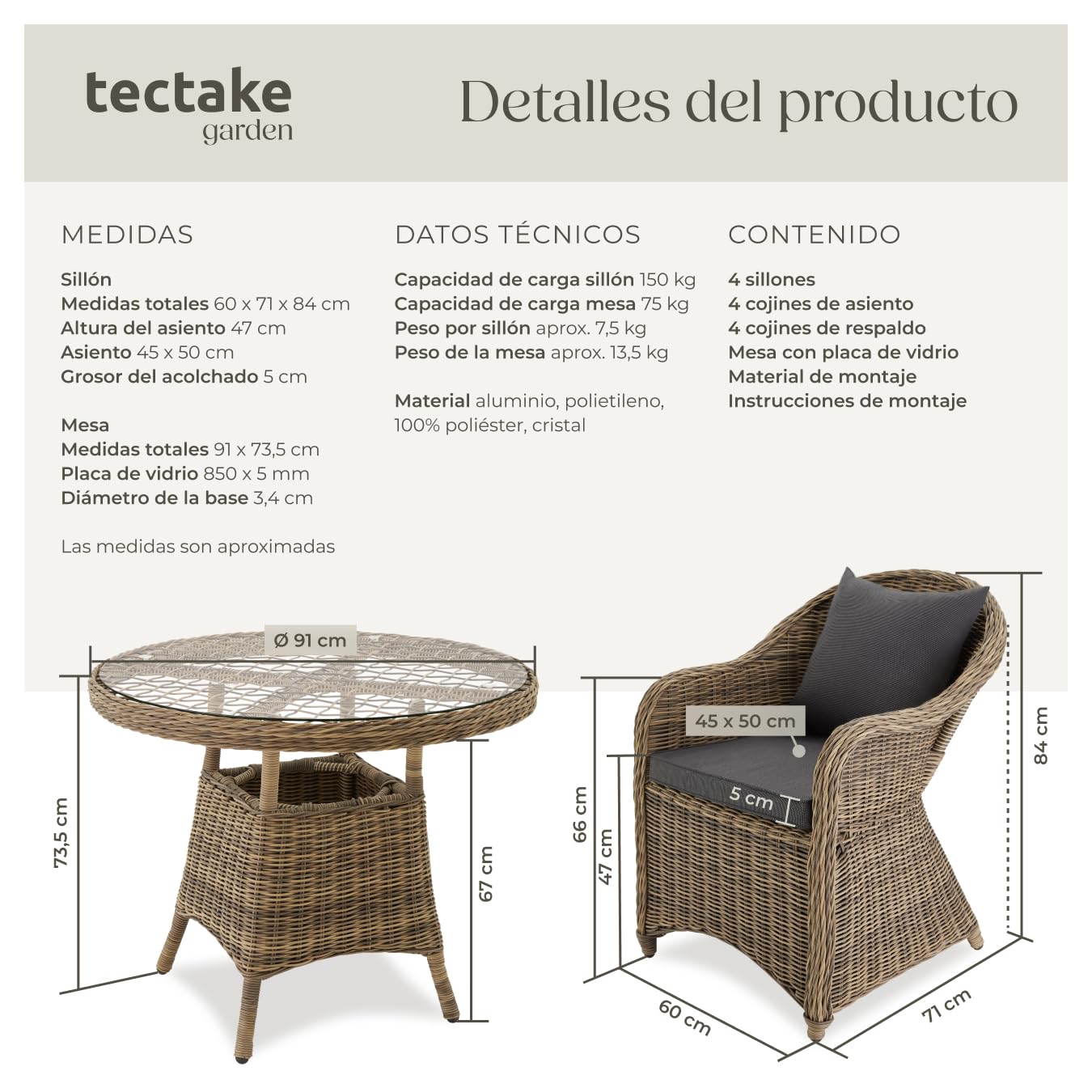 tectake® Conjunto Jardín Exterior de Ratán y Aluminio, 4 Sillones con Cojines y 1 Mesa Cristal, Muebles Jardín Exterior Impermebales y Resistentes a Intemperie, Topes en Patas, Sin Montaje - Natural