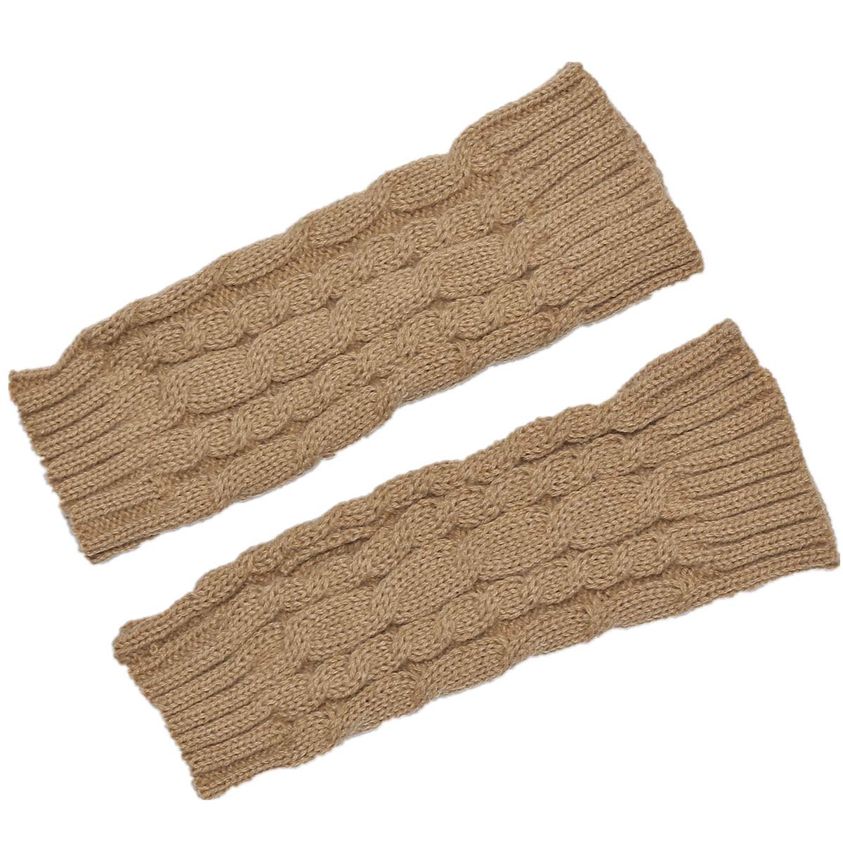 ACVIP Women's Twisted Cable Knit Arm Warmers Fingerless Gloves Thumb Hole Mittens (Light Khaki)