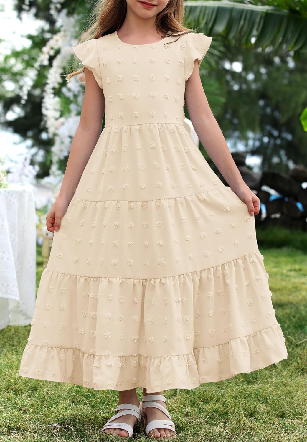 HOSIKA Girls Maxi Dress Ruffle Sleeve Swiss Dot A Line Tiered Flowy Casual Party Dresses with Pockets for 6-12 Y - Image 4