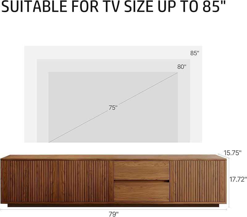 79" Mid Century Modern TV Stand for Living Room, Fluted Walnut TV Console image 2