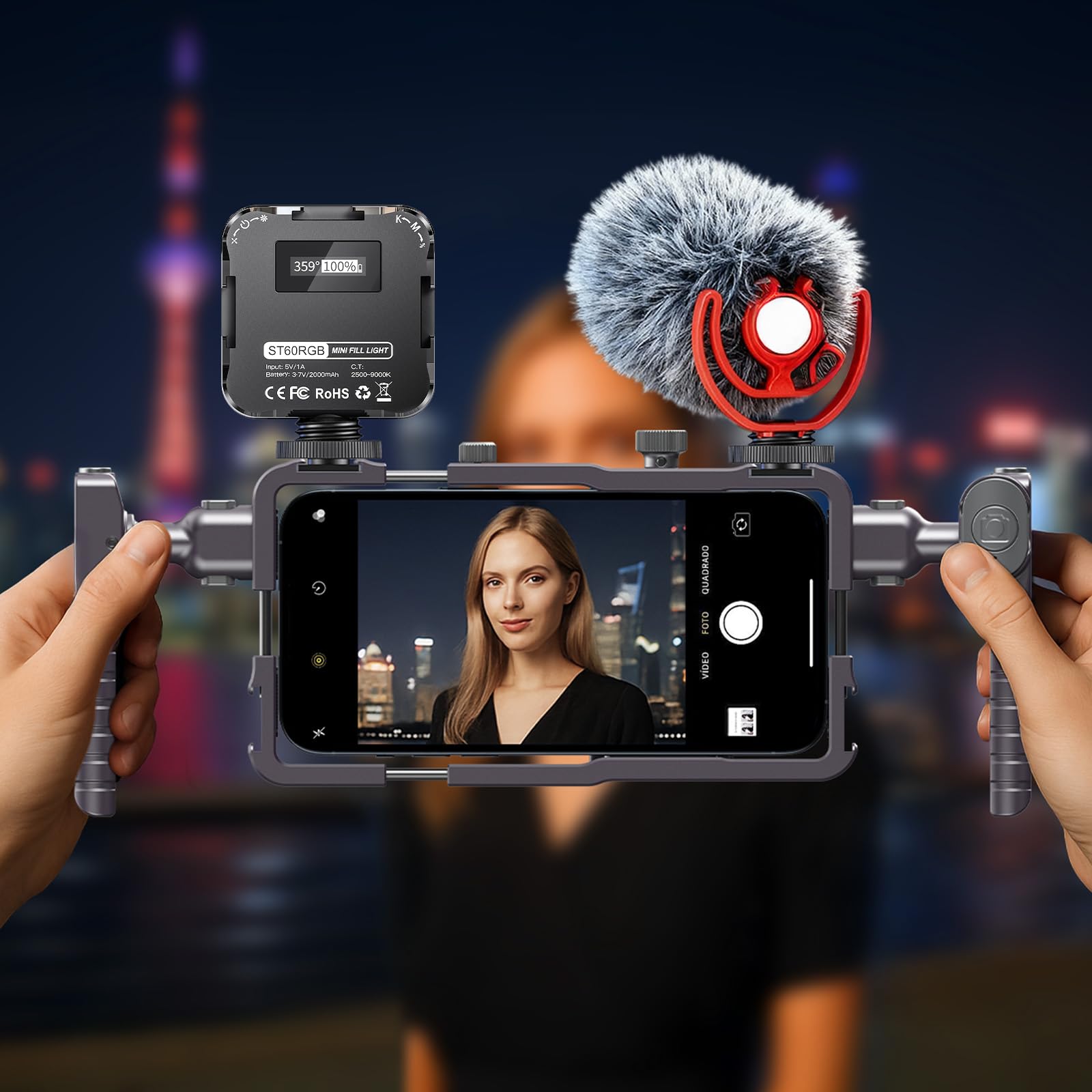 Jaula universal para teléfono, kit de aparejo de video para smartphone con asas, kit de video móvil todo en uno, kit universal de aparejo de video de teléfono de liberación rápida, estabilizador de