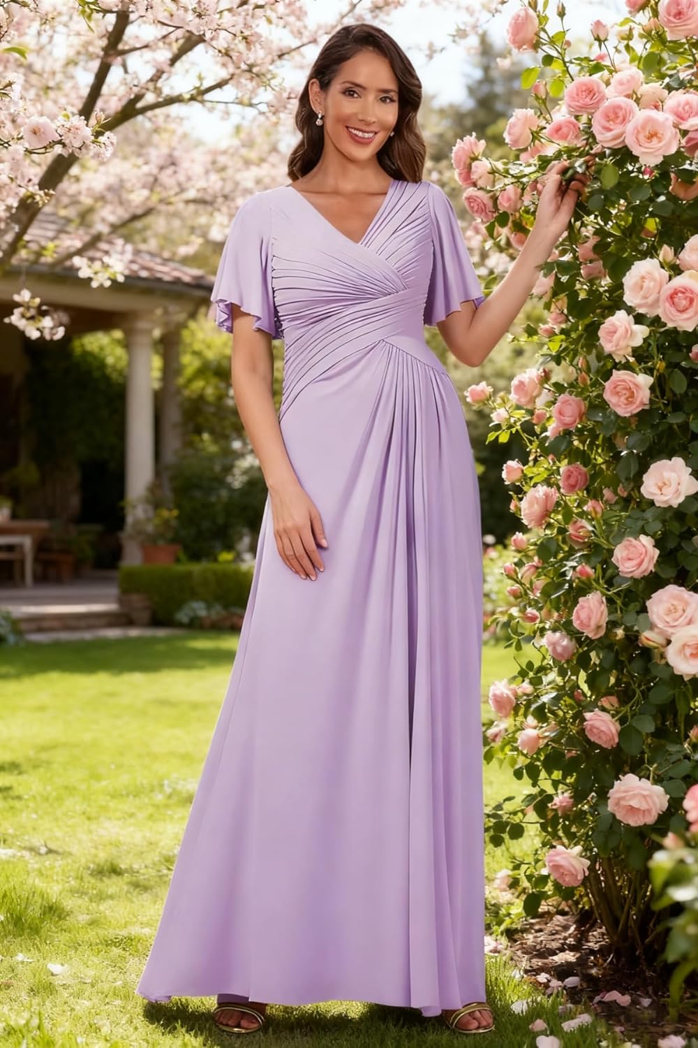 Short Sleeve Mother of Bride Dresses Long Pleated Chiffon Formal Dress Empire Waist A Line Wedding Guest Dress