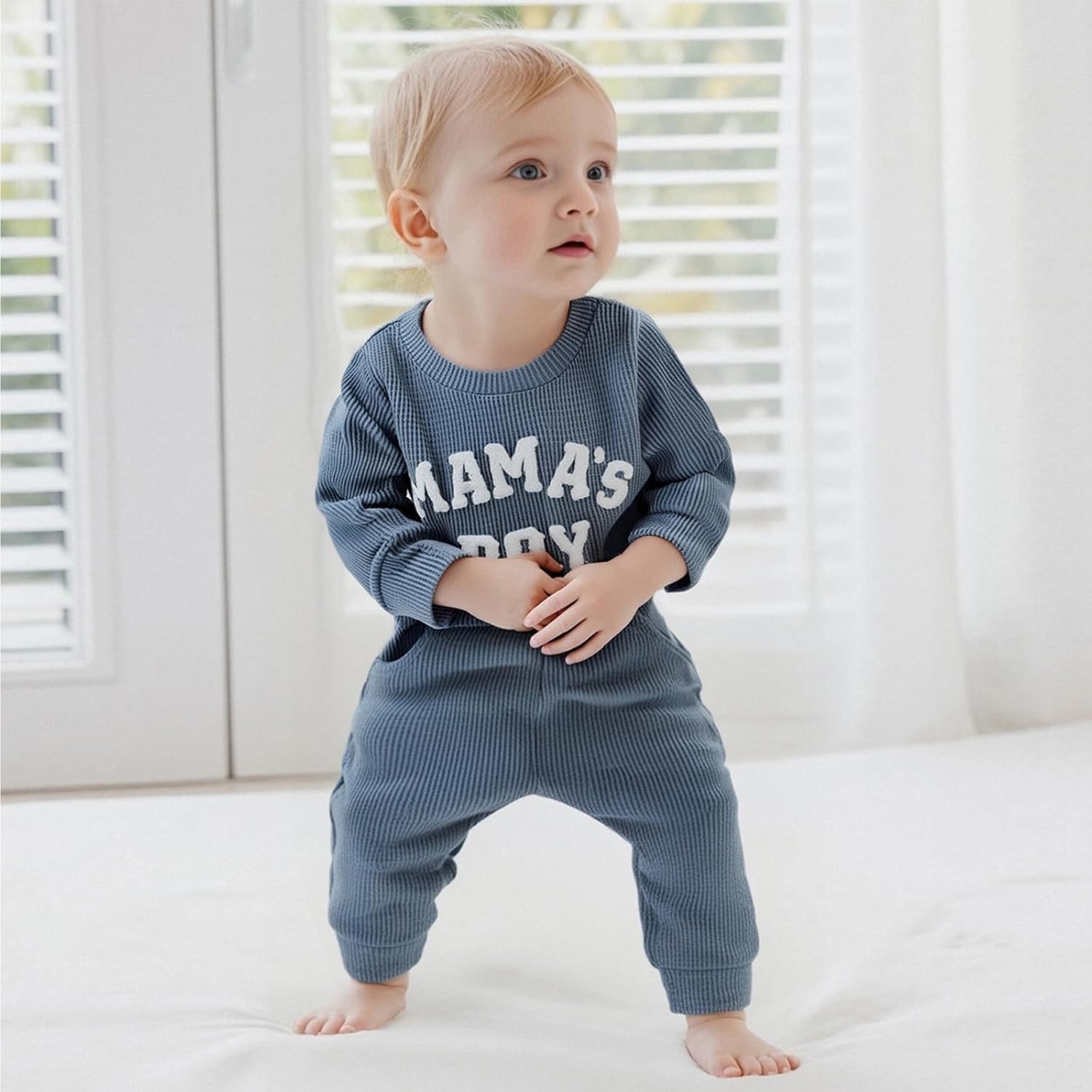Mamas Boy Baby Clothes Embroidered Long Sleeve Romper Waffle Ribbed Pants Set Baby Fall Winter Outfit - Image 4