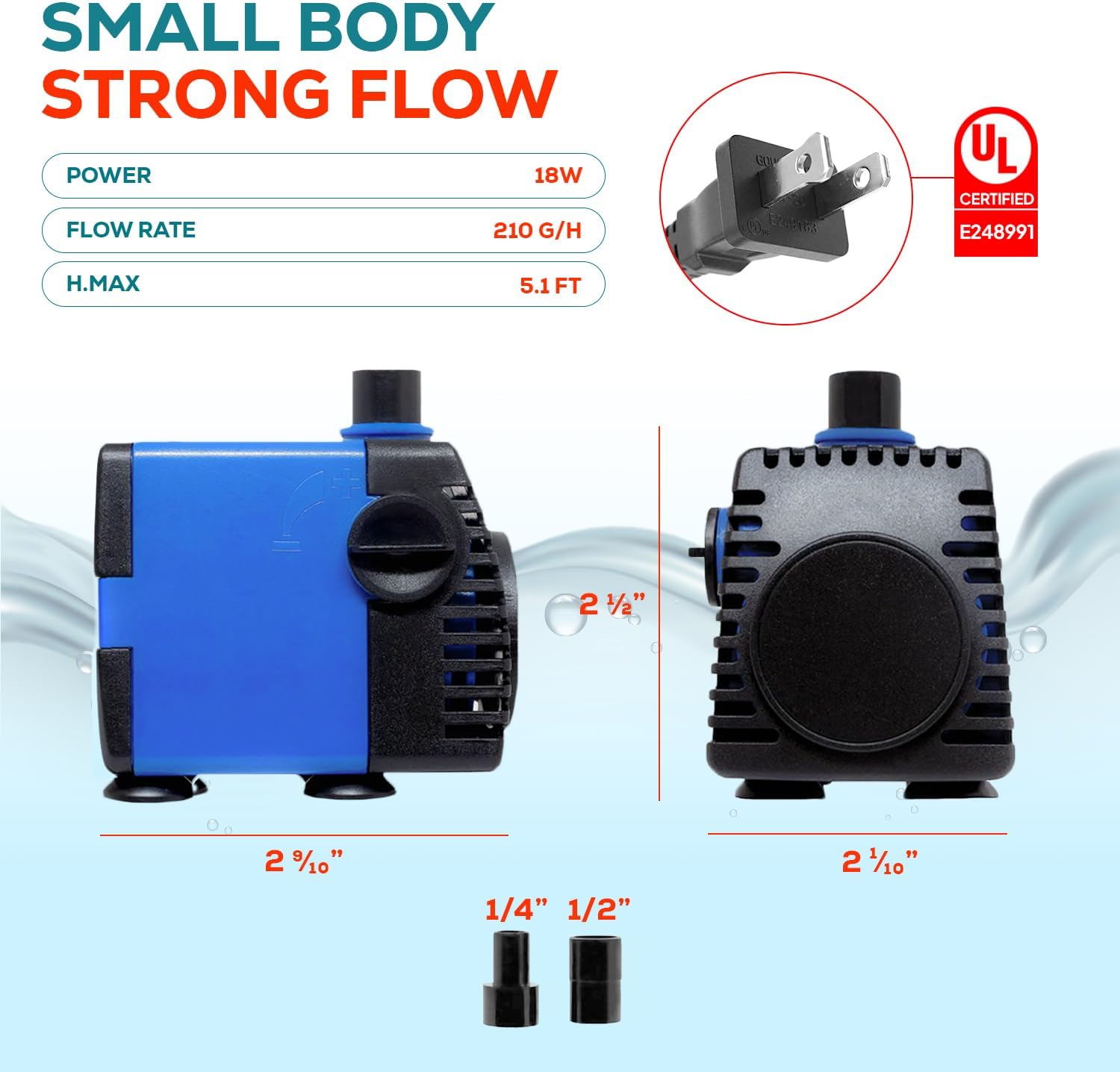 Aqua Dream 211 GPH Submersible Pump - 18W Adjustable Ultra Quiet Water Pump for Aquariums and Fountains, 5.1ft Max Lift, Indoor/Outdoor Hydroponic Fish Tank Pump - 9 Pcs