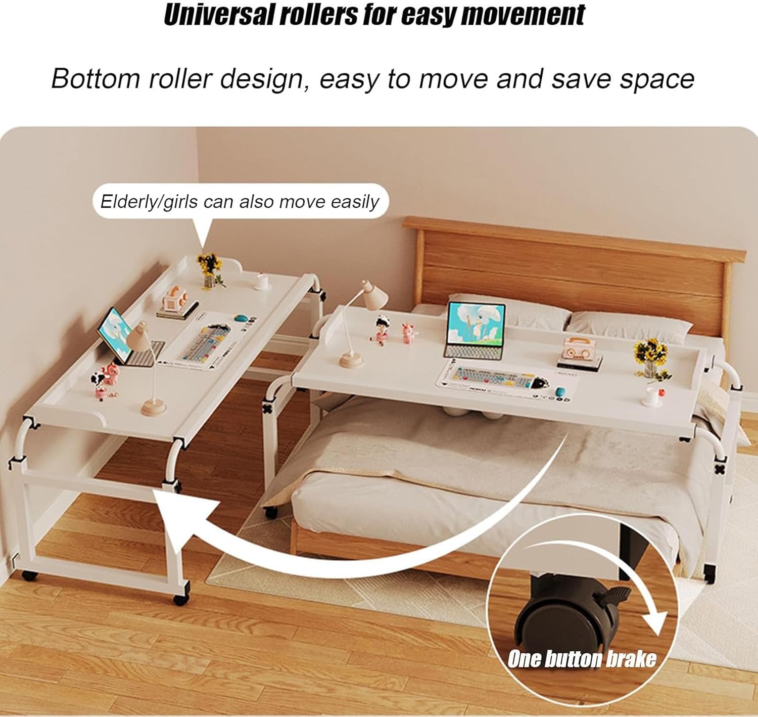 Adjustable Overbed Table with Wheels Mobile Cross Bed Side Table Height and Width Stretchable Multipurpose Laptop Computer Desk Standing Workstation