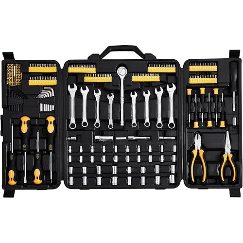 VEVOR Mechanics Tool Set 221Pieces - 1/4" and 3/8" Drive Sockets - SAE and Metric Mechanic Tool Kit with Bits - Wrenches, Ratchet Handle, Accessories, and Plastic Storage Case - for Automotive Repair