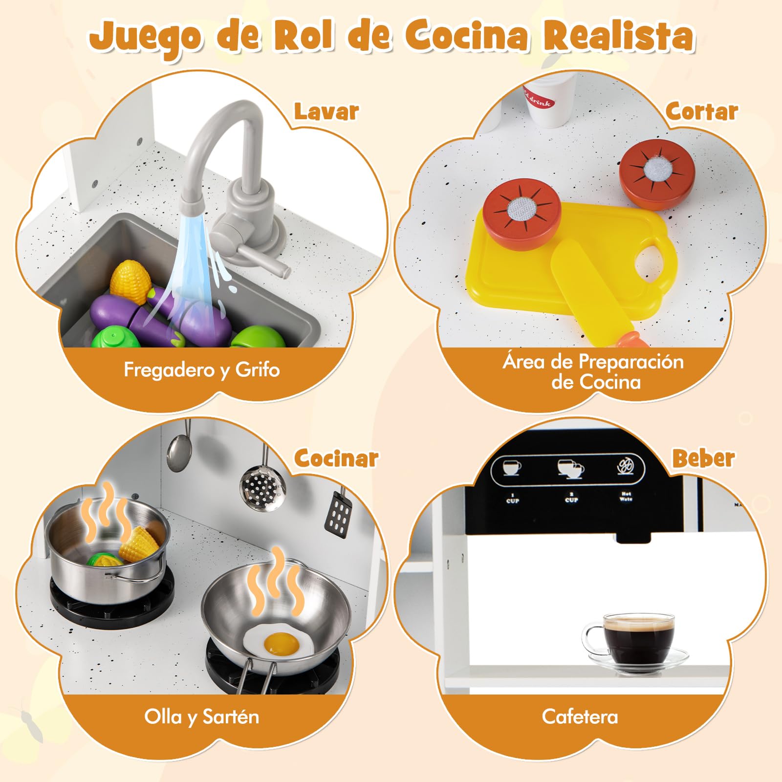 COSTWAY Cocina Juguete, Cocinita de Madera Infantil, Cocinita Infantil con Luz y Sonido con Campana Extractora, Dispensador de Hielo, Fregadero, Grifo, Microondas, Horno, Utensilios (Blanco)