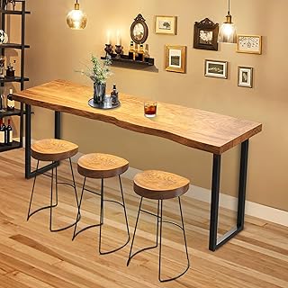 Live Edge Bar Table 55 Inch, Industrial Counter Height Dining Table with Metal Legs,Solid Wood High Top Table for Kitchen, Bistro, Restaurant & Pub,Seats 2-5 Persons