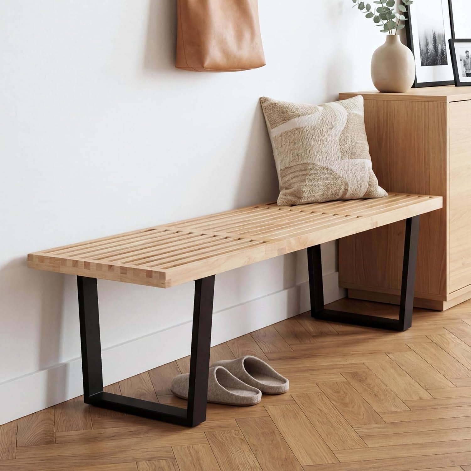 Wooden Dining Bench 55”Industrial Entryway Bench, Modern End of Bed Bench for Bedroom/Hallway, Natural Solid Wood Bench with W/Metal Legs for Dining Room/Living Room, Kitchen