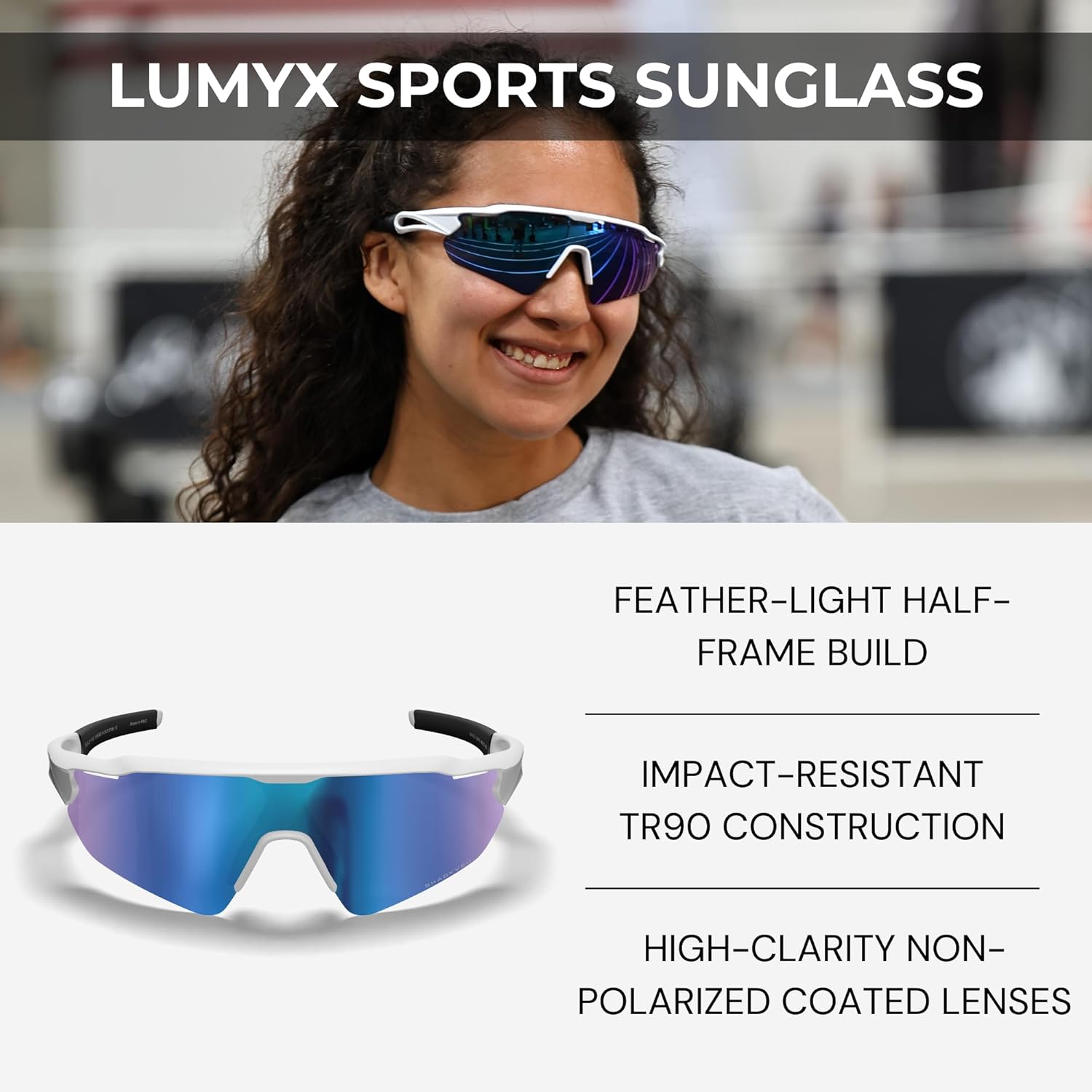ShadyVEU Half Frame LUMYX Sports UV400 Anti Glare TR90 Hydrophobic Mirrored Lens Mens Womens Sunglasses