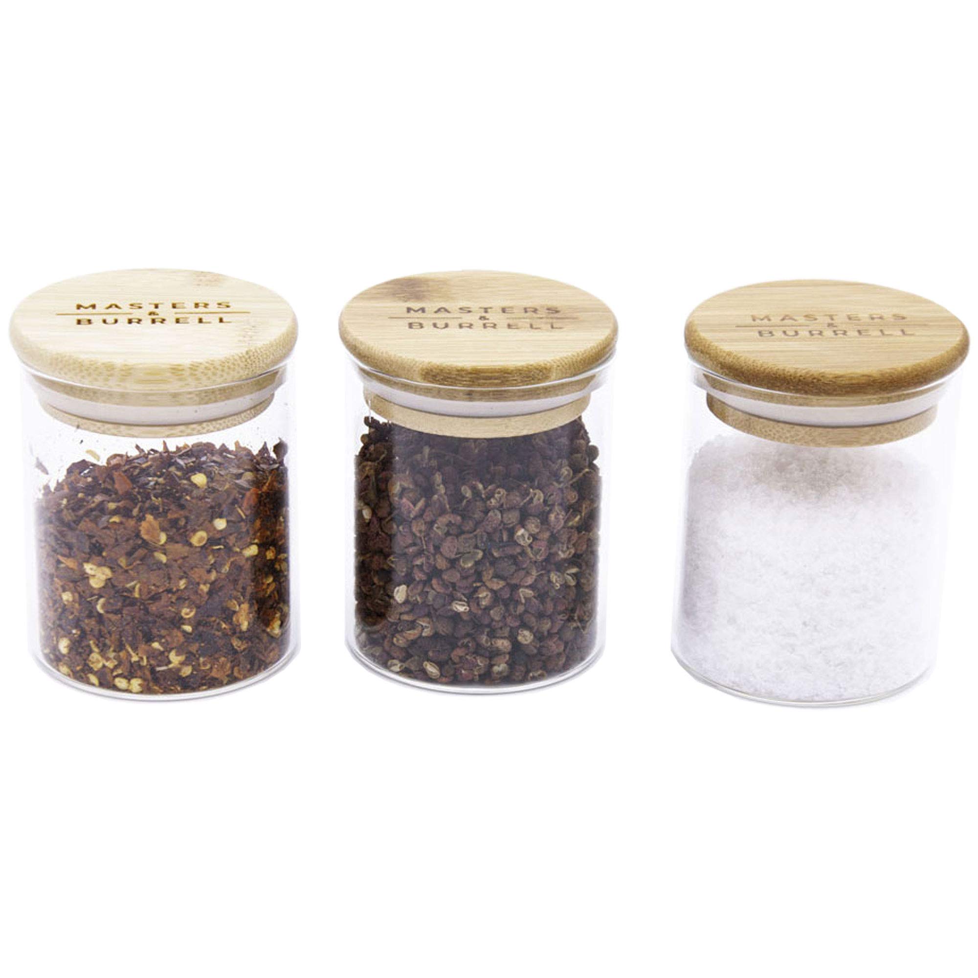 Masters & Burrell Glass Storage Jars with Bamboo Lids Airtight Kitchen Food Canister Cylinder Clear Preserving Seal High Borosilicate Glass Includes Sticker and Chalk M&B (Salt, Pepper, Chilli Set)