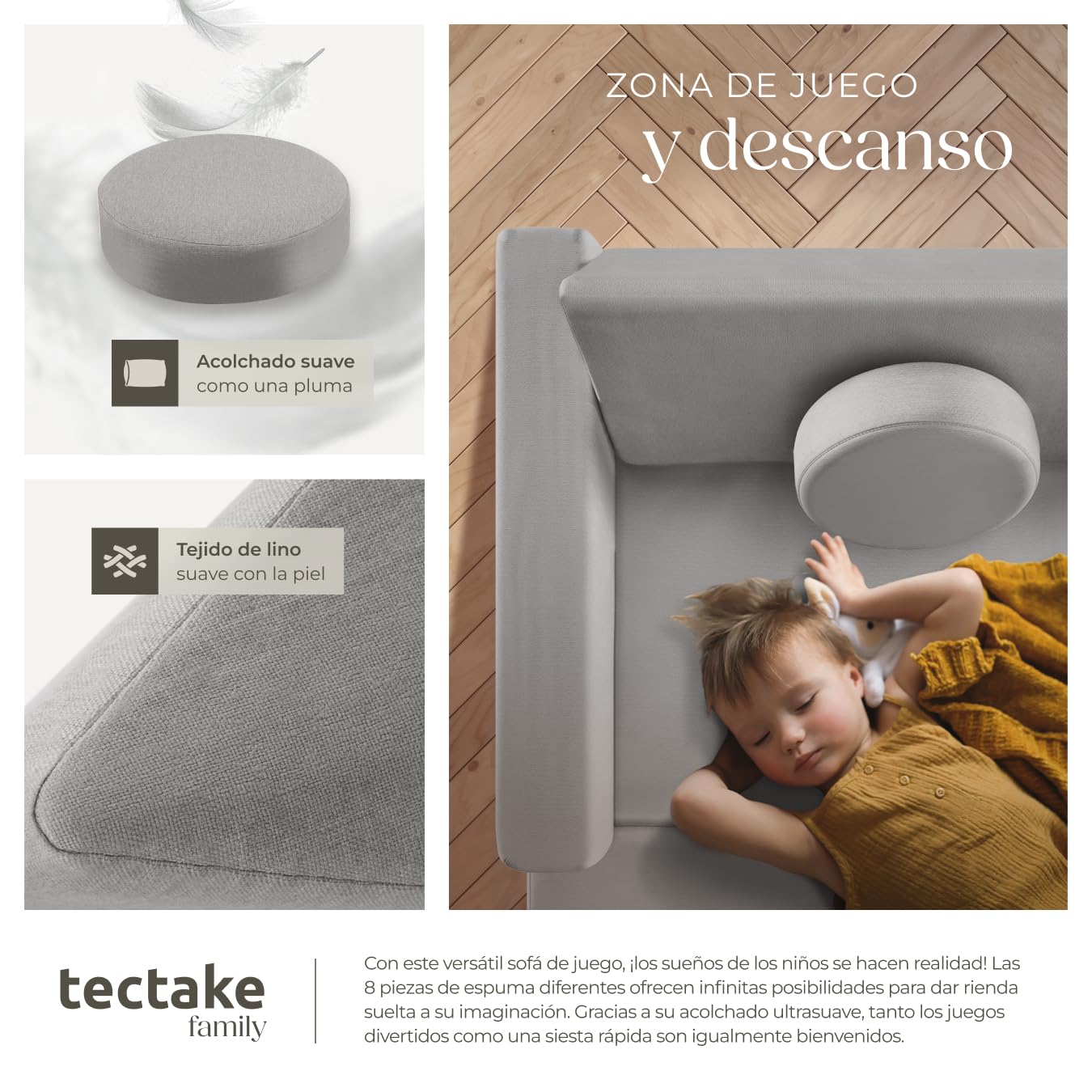 tectake® sofá Modular, 8 Piezas, apilable, Sillon Infantil con Fundas Desmontables, sofá Cama Plegable, Acolchado Grueso, Cama Infantil Plegable, sillón Cama - 120 cm Gris