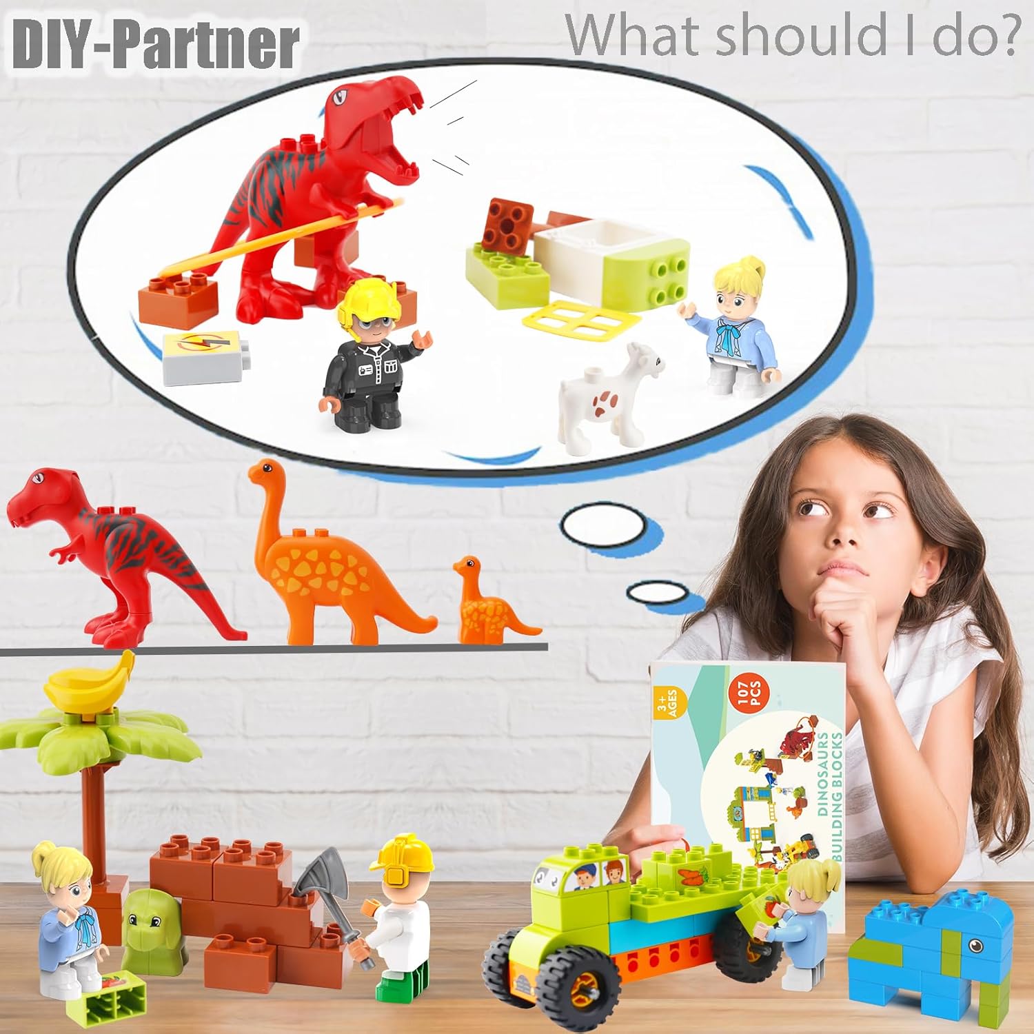 Building Blocks for Toddlers 3-5, Dinosaur Toys- Dinosaurs, Car, Build, Learn and Play, Educational Interactive Creative DIY Toy Compatible with All Major Brands, Gift for Kids Boys Girls