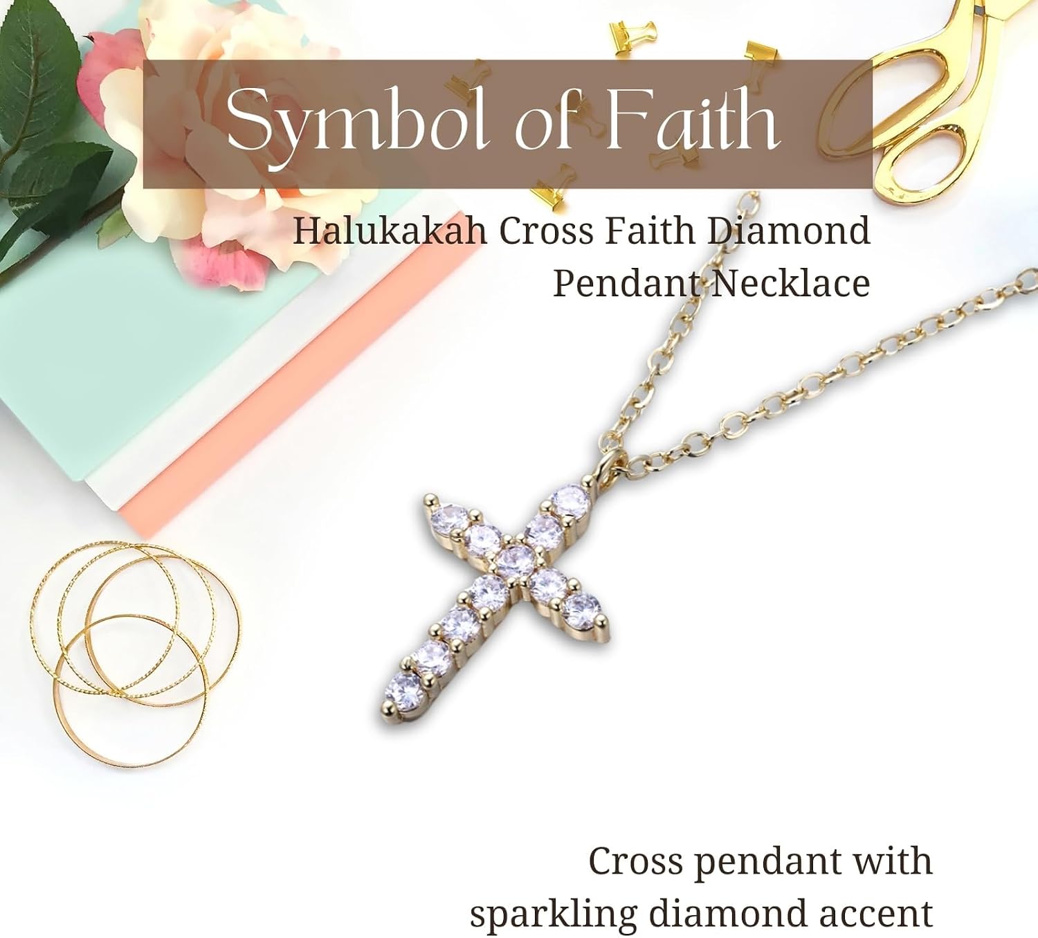 Halukakah 18K Gold/Platinum Plated Cross Faith Diamond Pendant Necklace for Kids|Eco-Friendly Handcrafted|Adjustable|Designed in Italy|With Message Card|for Birthdays,Graduations,Special Celebrations