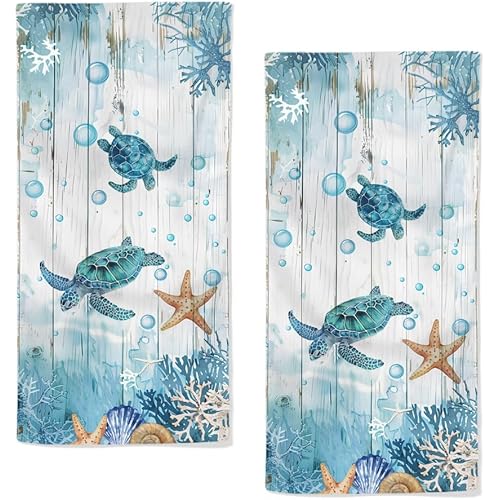 Sea Turtle Hand Towels Set of 2 Breathable Ocean Beach Hand Towels Highly Absorbent Tropical Coastal Bath Towels for Gym Hotel Decorative Summer Kitchen Towels 28.7x13.7 Inc