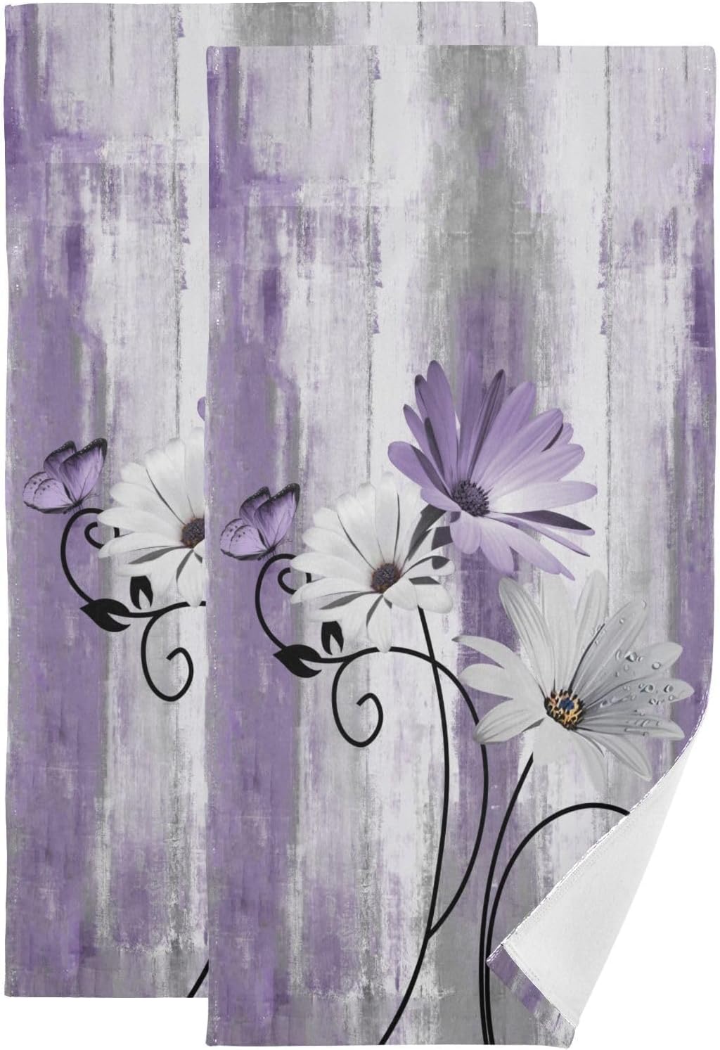 Purple Daisy Hand Towels for Bathroom Set of 2 Soft Absorbent Rustic Floral Butterfly Country Wooden Bath Towels Decorative Kitchen Dish Towel Farm Bathroom Towels for Guest Shower 28x14in