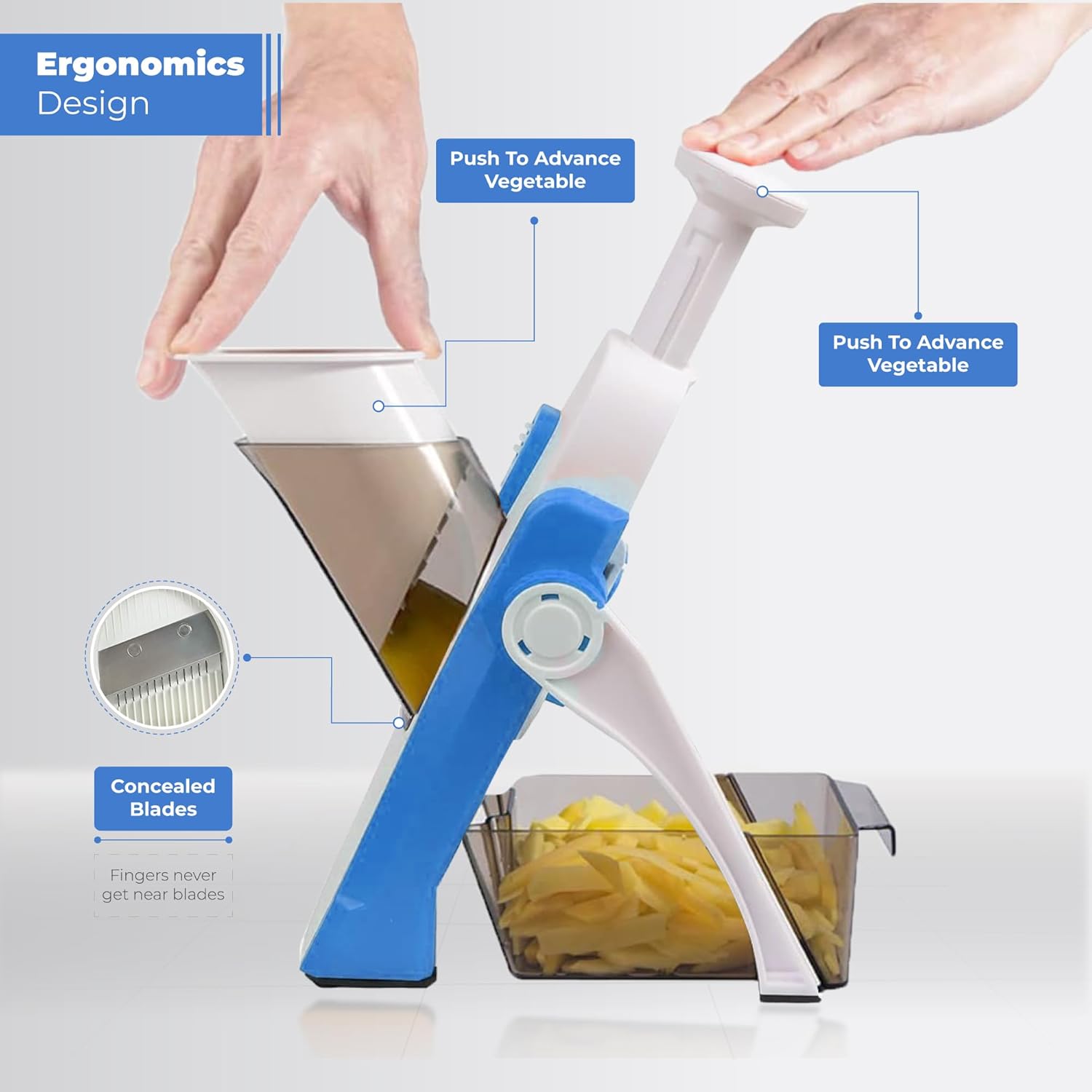 Safe Mandoline Slicer, Multifunctional Vegetable Slicer Shredder Dicer Chopper with Thickness Adjuster, 30+ Different Cutting Style (BLUE)