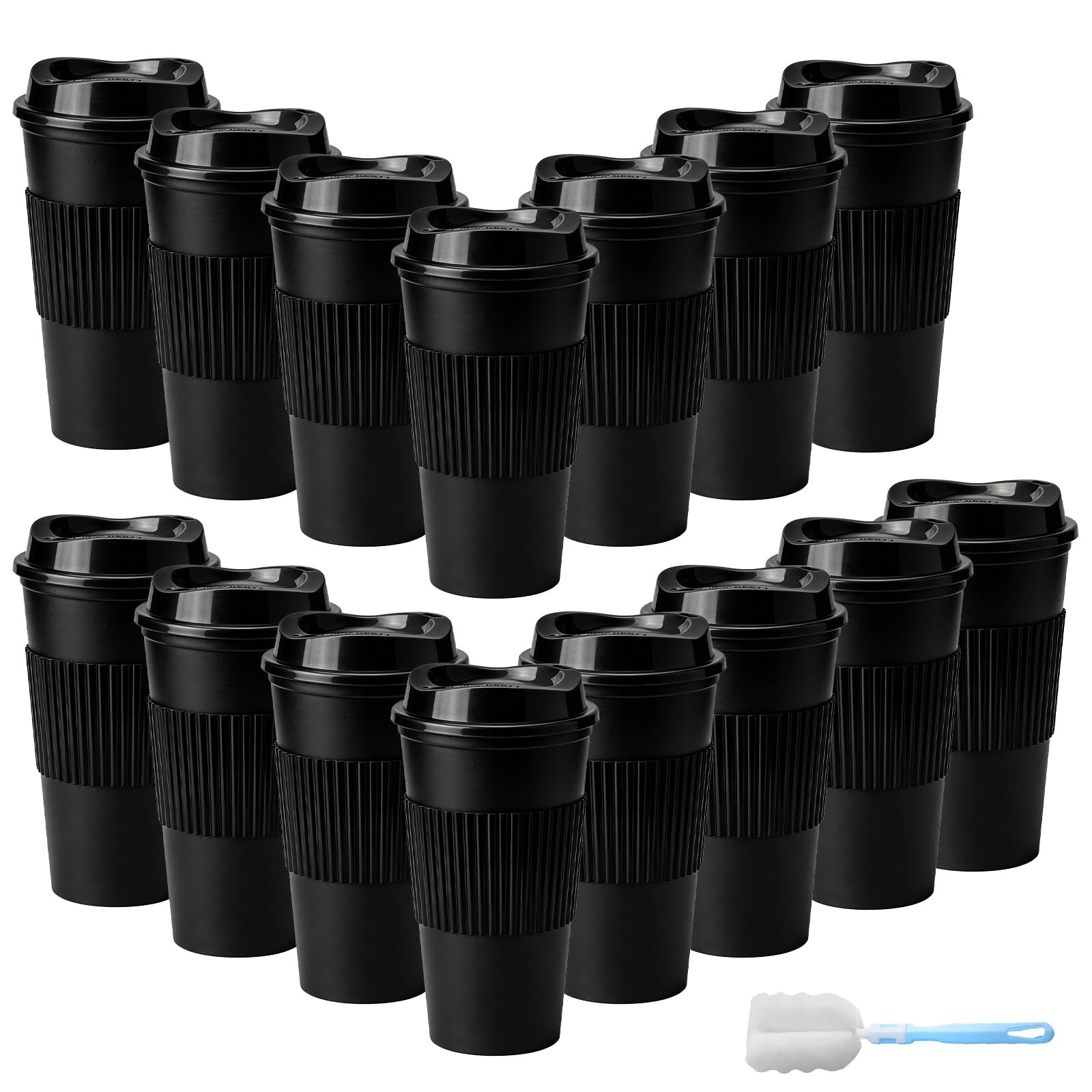 RAINPOP 15Pcs Reusable Coffee Cups with Lids - 16 oz Plastic Tumblers to Go Ice Coffee Cups Bulk Plastic Travel Mugs for Slushie and Cold Drinks Smoothie, Home, Car, Beach, Camping & Party - Black