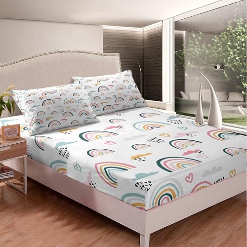 Miniatura 2 de Erosebridal Juego de ropa de cama de arcoíris para niños y niñas, sábana bajera ajustable con diseño de corazón de amor rosa (sin sábana superior)