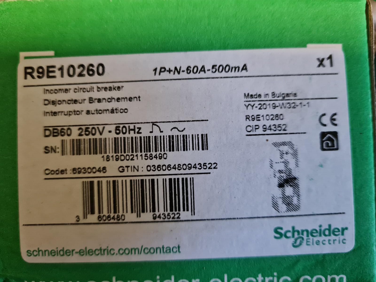 conexión del interruptor Schneider R9E10360 1P + N 30/45 / 60A 500mA Selectif - DB60 Resi9