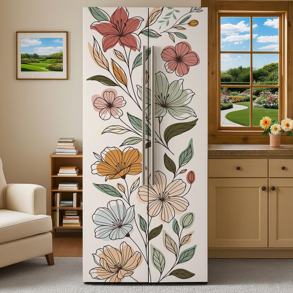 GOMAKERER 2 Pcs Boho Line Flowers Pattern Removable Refrigerator Wraps, Self-Adhesive Fridge Door Mural Vinyl Freezers Panel Cover Sticker for Kitchen Bar Decor, 41.5x200cm