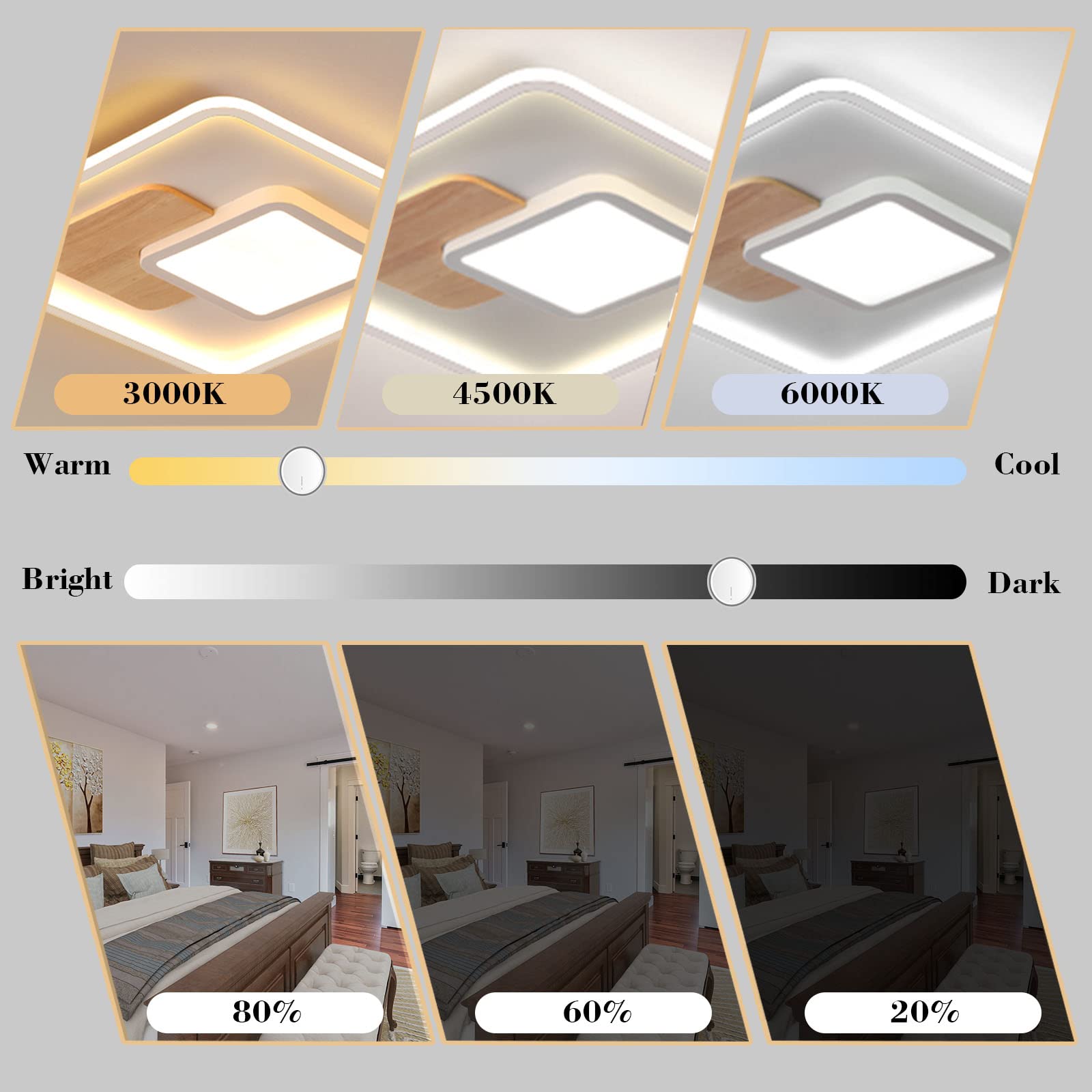 Quadrat LED Deckenleuchte, Deckenlampe mit Holz, Deckenlampen Dimmbar mit Fernbedienung,Moderne Holz Deckenlampe für Schlafzimmer Kinderzimmer Wohnzimmer Küche(51.5 * 51.5CM 50W)