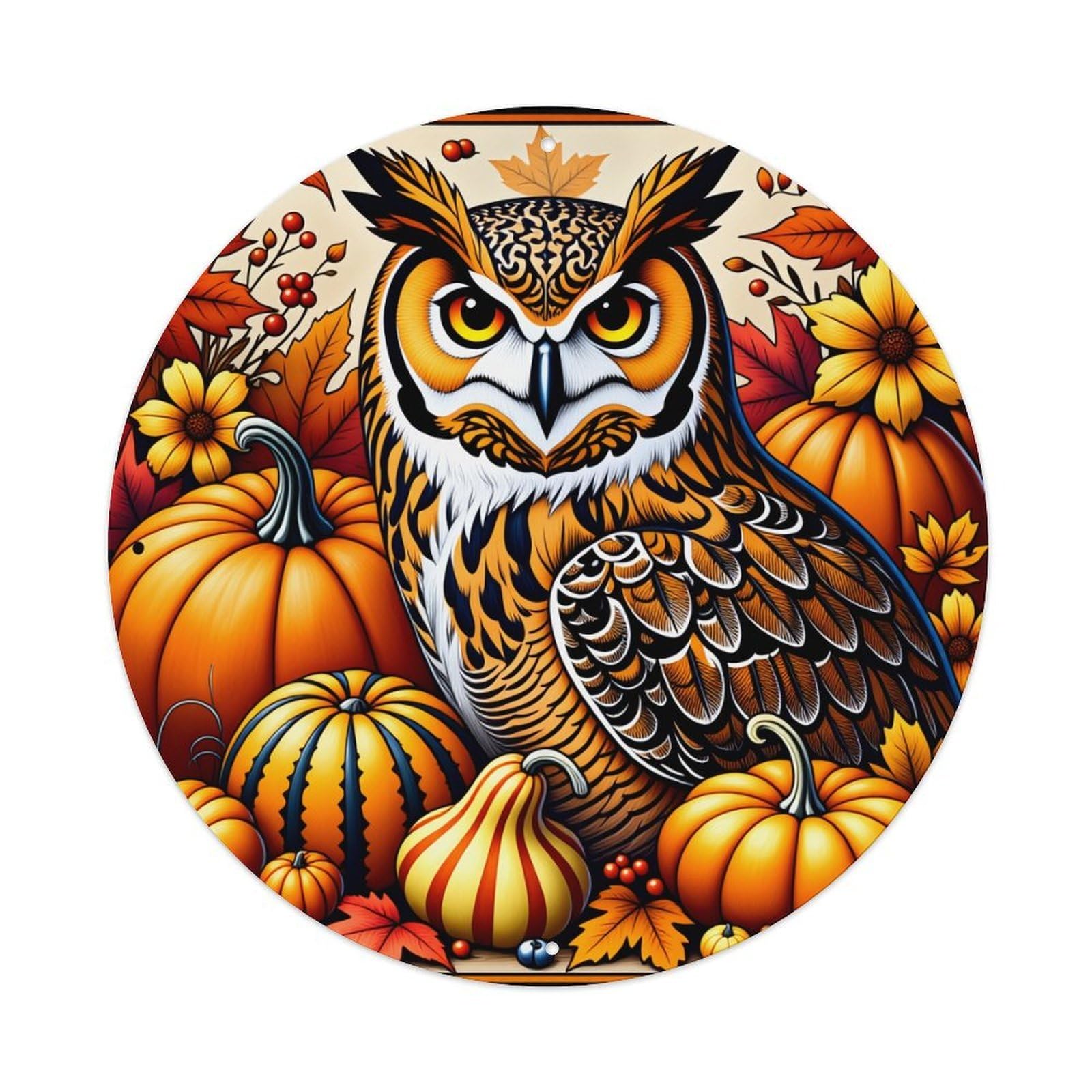 Owl Pumpkin Autumn Leaves Flowers Round Tin Sign Vintage Style Metal Sign Home Bar Garden Wall Plaque Decor Metal Poster 8x8 Inch