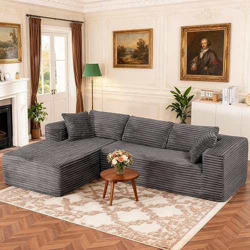 COMHOMA 105”Modular Sectional Sofa with Deep Seat,Cloud Upholstered L-Shape Couch Wide Arms Corduroy Fabric High-Density Foam Chaise Lounge for Living Room No Assembly Required