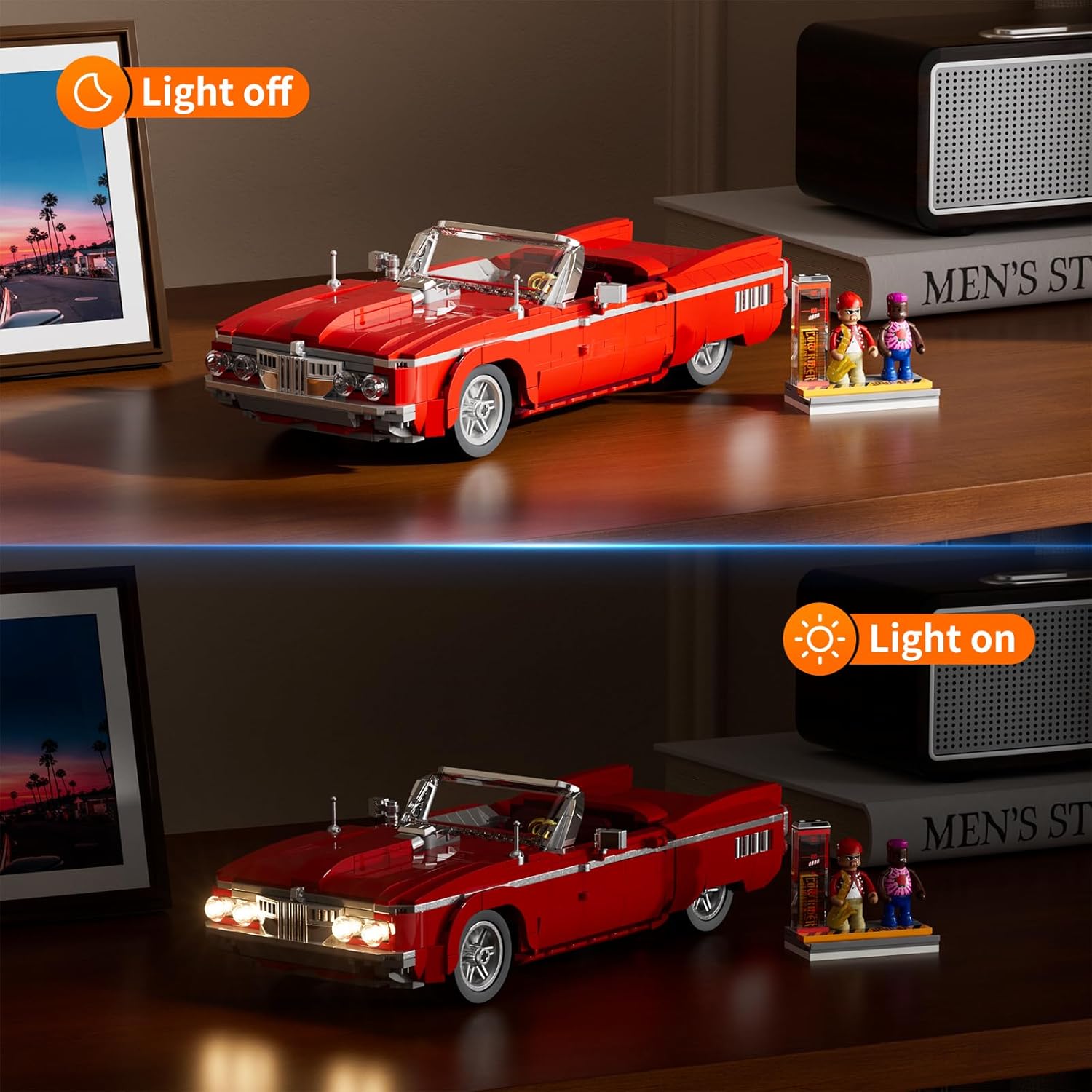Low Rider Big Red Car Building Bricks Set - Street Fusion Vehicle Engineering Lighting Model Modular Collection Kit 969 Pcs for Adults & Teens & Car Lovers