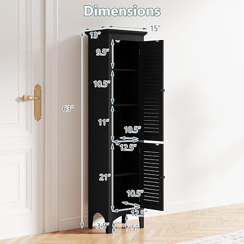 Miniatura 3 de Giantex Gabinete de almacenamiento alto para baño, gabinete de piso estrecho independiente con puertas, estantes de 5 niveles (1 altura ajustable),