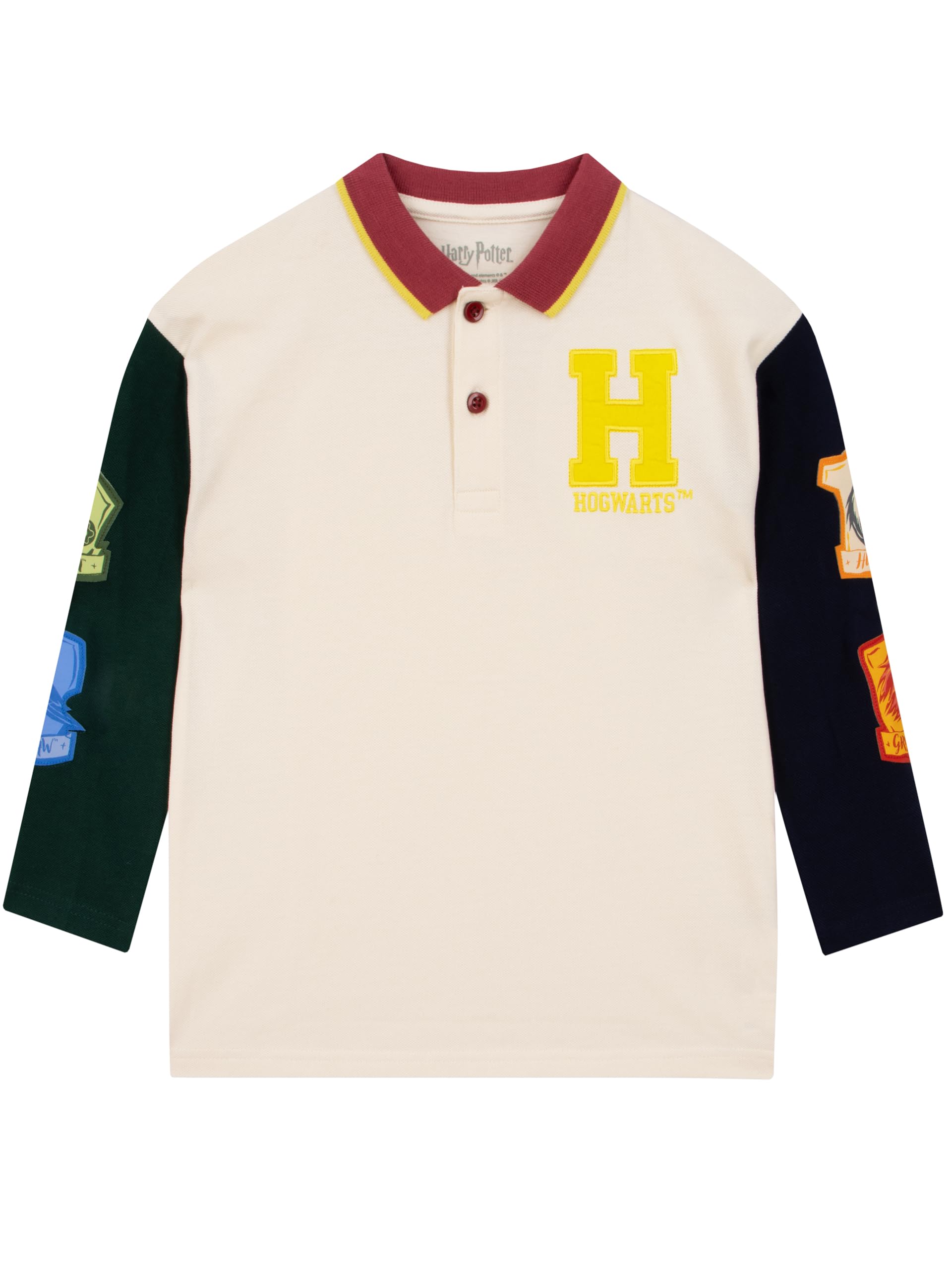 Harry Potter Hogwarts Boys Polo Shirt | Long Sleeve Kids Tee, Cream, 9-10 Years