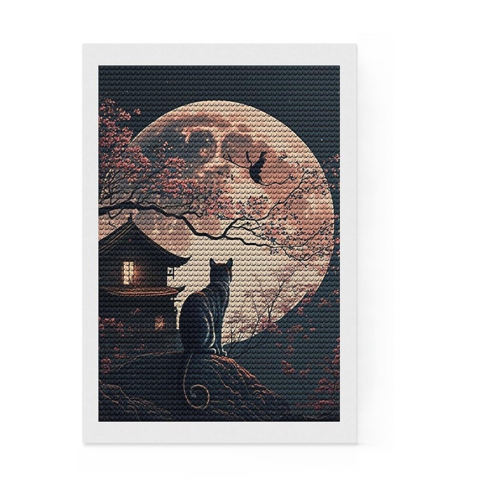 Junmoney The Moon Night Cat Japan Diamond Art Kit 8"x12", Stress Relief Craft, Satisfying Creative Project, Cosy Home Accent, for Beginners