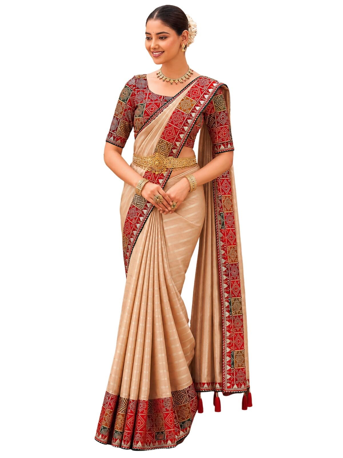 satrani Women's Onam Special South indian kerala kasavu Silk Saree with Unstitched Blouse-picture-26