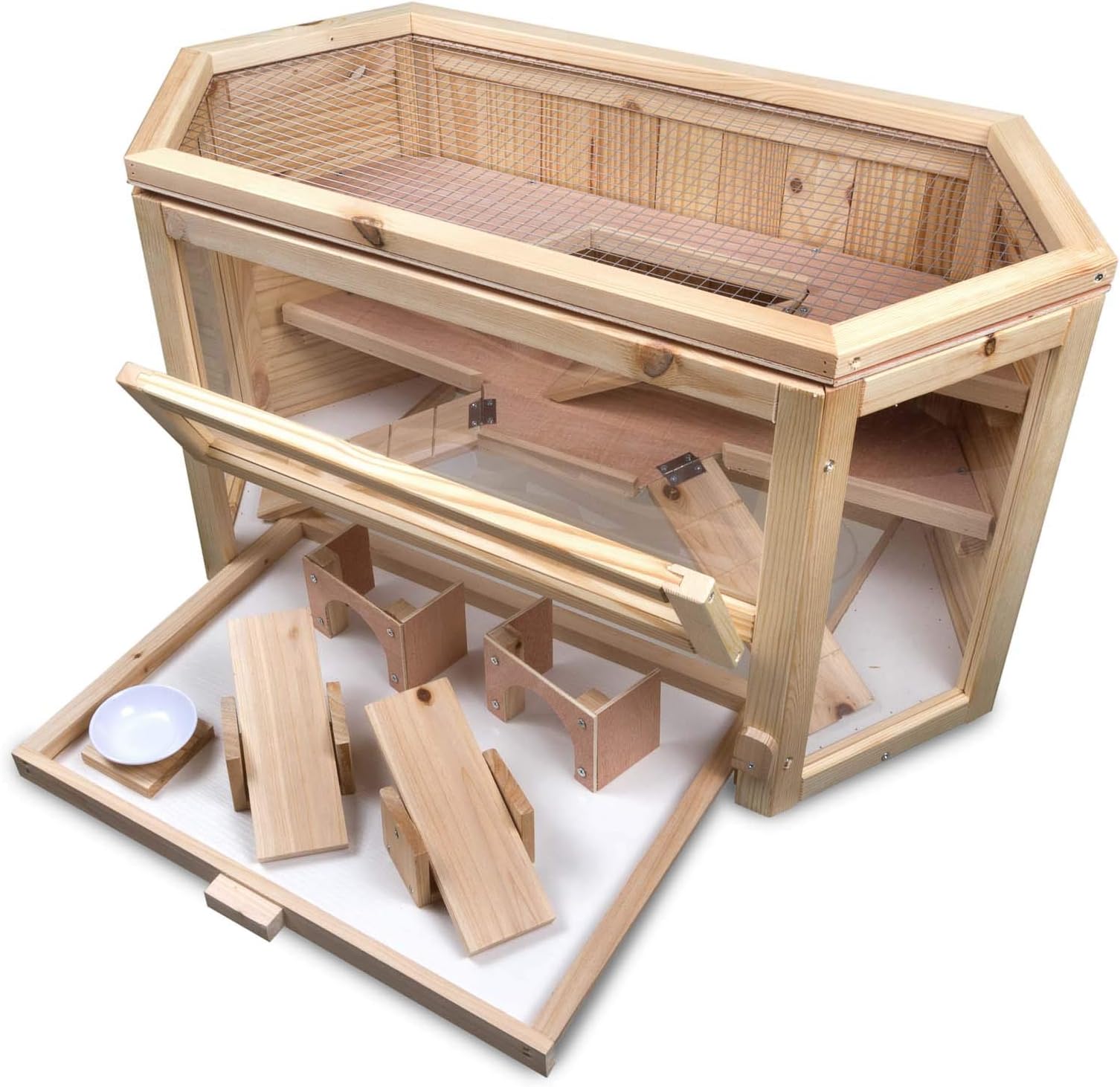 Julido Hamster Cage Hexagonal Small Animal Cage Made of Wood with Many Accessories