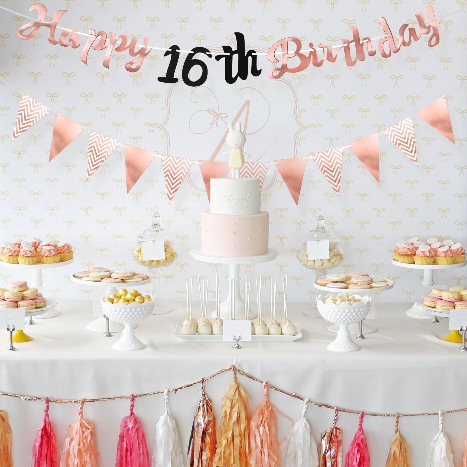 PartyYaa Festone per il 16° compleanno, ghirlanda e bandiera triangolare, oro rosa, decorazione per feste per ragazze e ragazzi