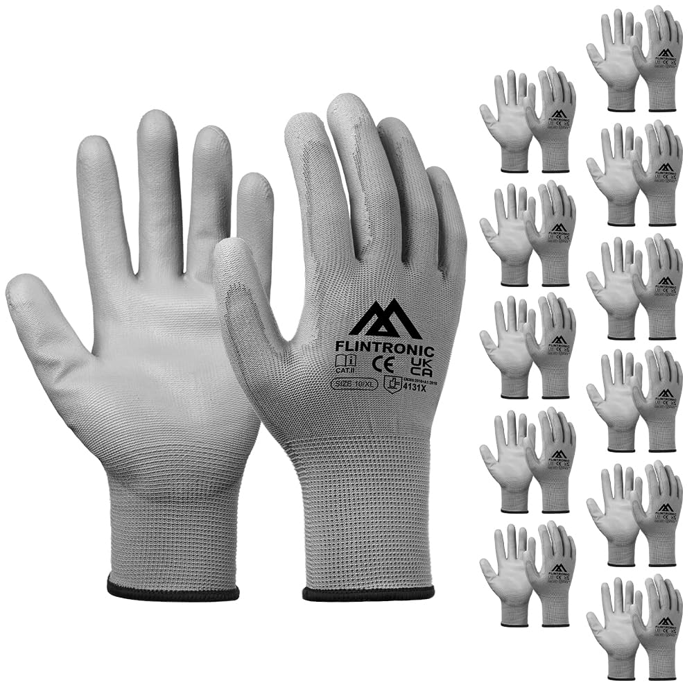 Flintronic 12-Pair Non-Slip PU-Coated Work Gloves, Protective Grip for General Duty and Gardening Scratch Protection (XL