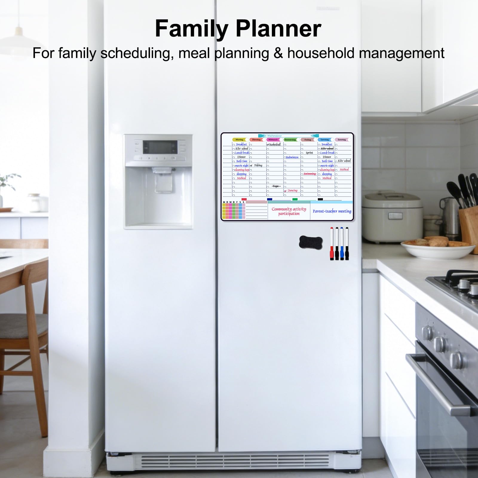 60×40cm Magnetischer Wochenplaner Abwischbar, Magnettafel Kühlschrank, Wiederverwendbarer Monatsplaner, Whiteboard Wochenplan für die Familie, Ernährungsplanung, To-Dos und Arbeit
