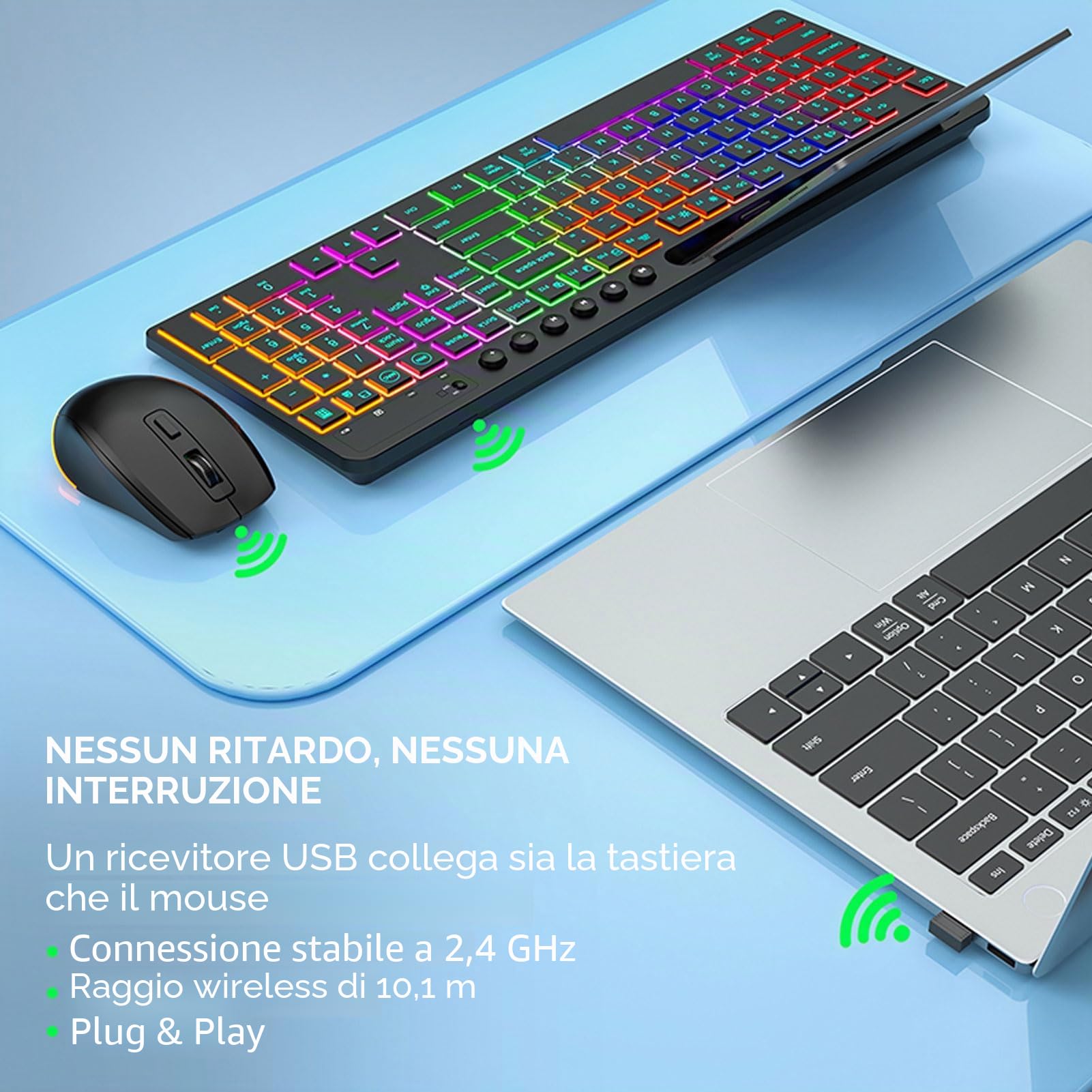 Tosuny Tastiera Wireless e Combo del Mouse, 2,4 G di Tasti Retroilluminati RGB 115 con Tampone Numerica, con Supporto per Tablet di Telefono, Ricaricabile, 6 Tasti 3 - Mouse DPI per PC