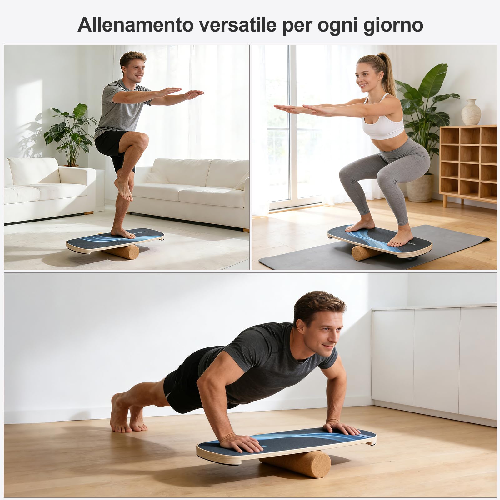 FunLife Balance Board ovale in legno di betulla con 3 fasce fitness - Set WAVE | Allenamento dell'equilibrio per allenamento del core, equilibrio, coordinazione e stabilità, antiscivolo, fino a 150 kg