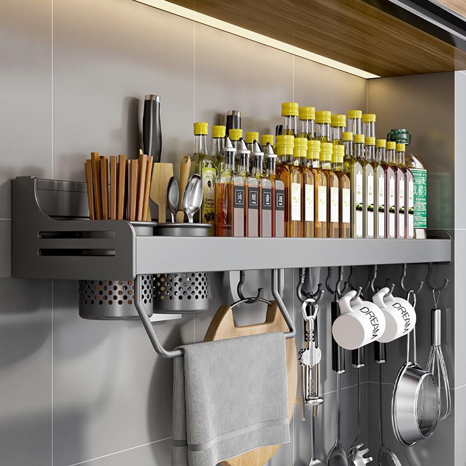 HADECOLL Wall Mounted Spice Rack Organizer Shelf For Spice Jars And Condiments, Adhesive Or Screw Installation,Grey-50cm
