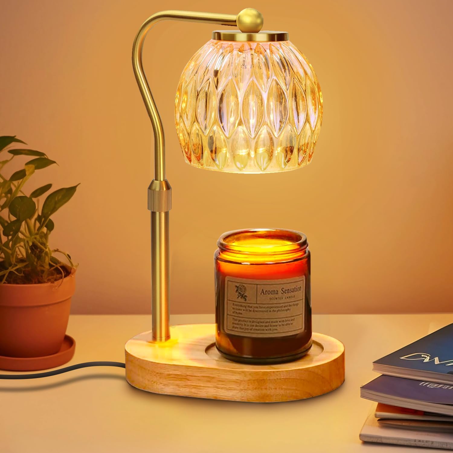 Candle Warmer Lamp with Timer & Dimmer – Adjustable Height Wax Melter for Scented Jar Candles, 2 Bulbs, Vintage Christmas Home Decor Gift for Women/Mom (Wood Color)